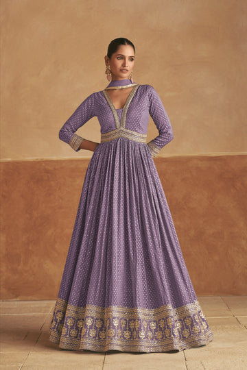 Lavender Pure Viscose Silk Anarkali with Embroidered Net Dupatta