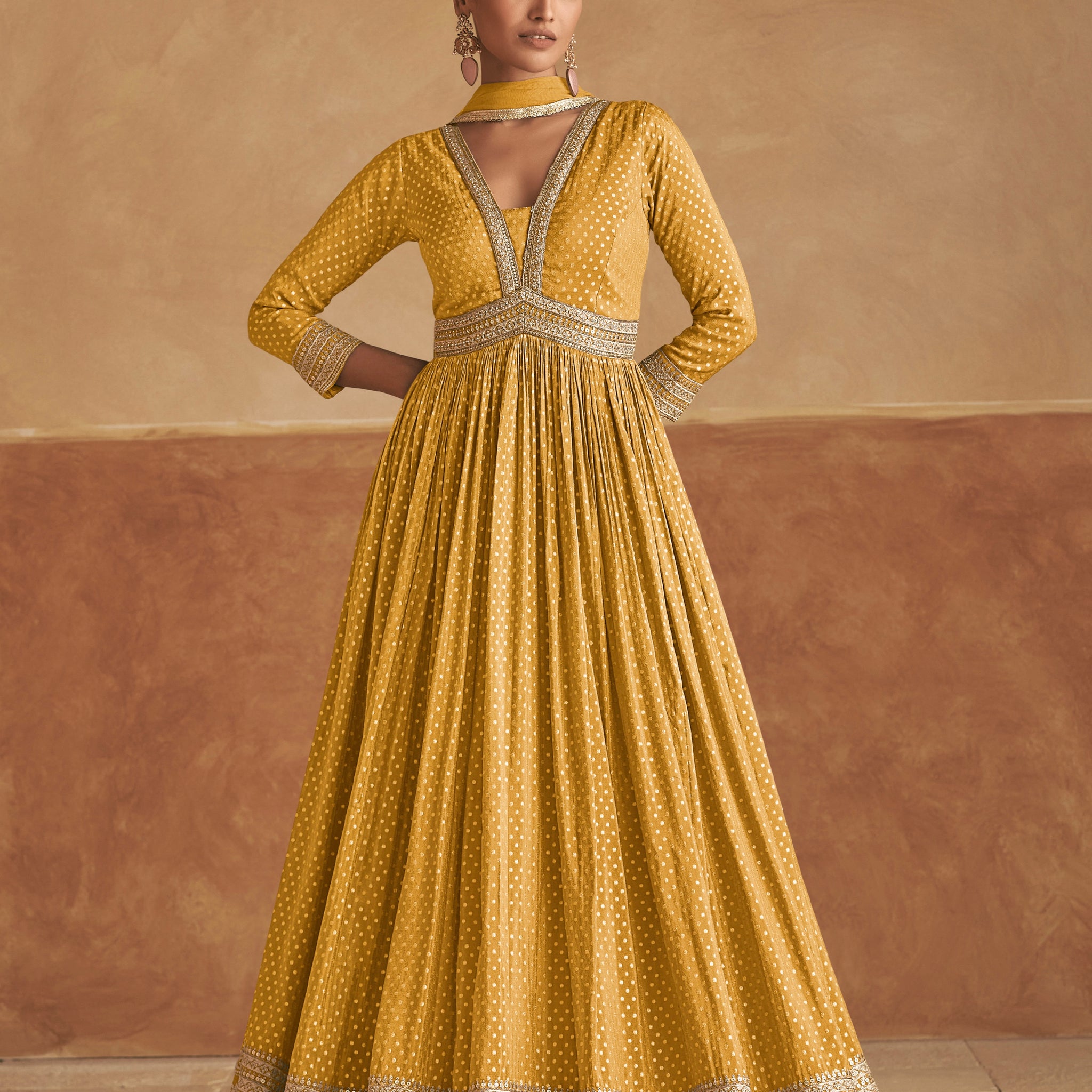 Mustard Yellow Pure Viscose Silk Anarkali & Embroidered Net Dupatta