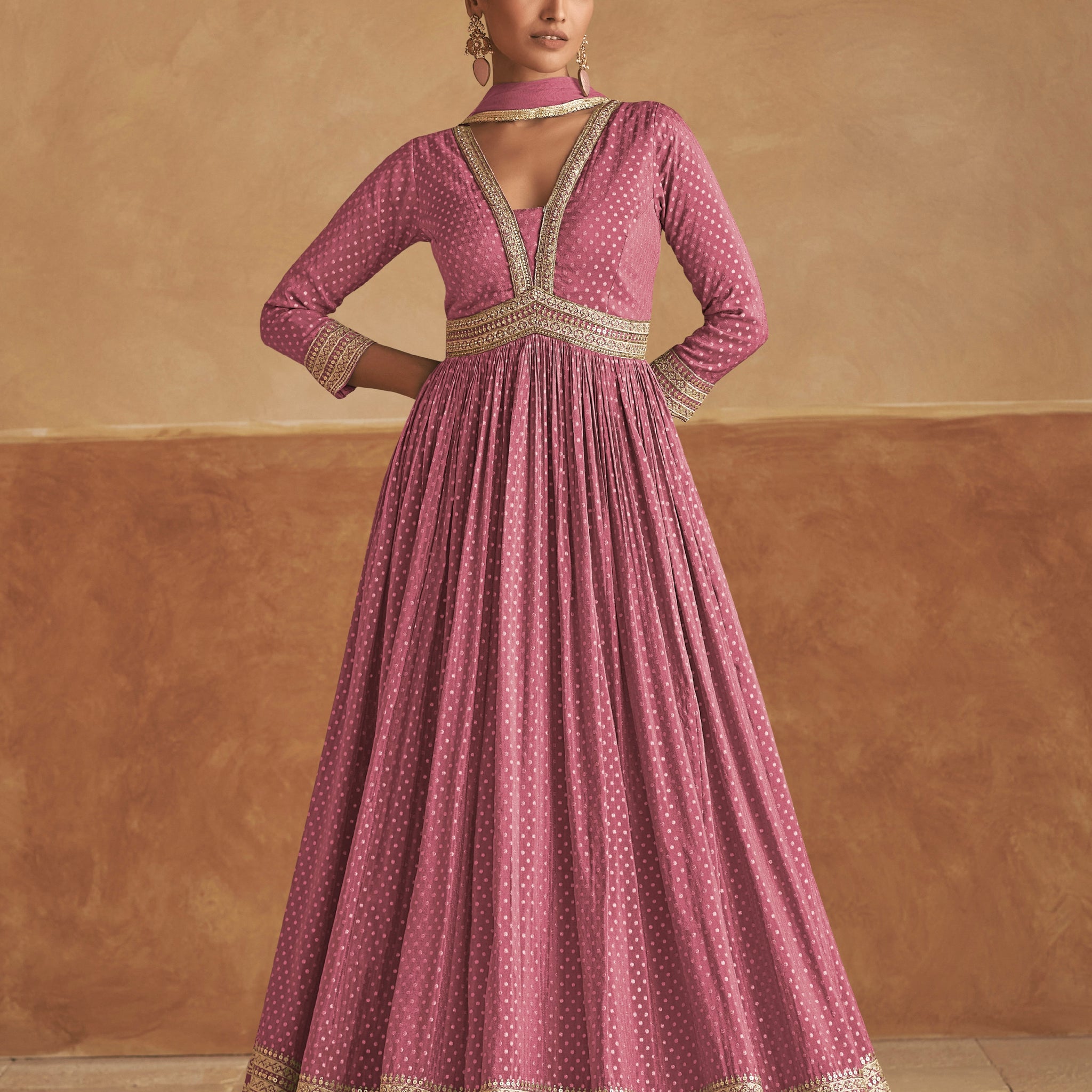 Rose Pink Pure Viscose Silk Anarkali with Embroidered Net Dupatta