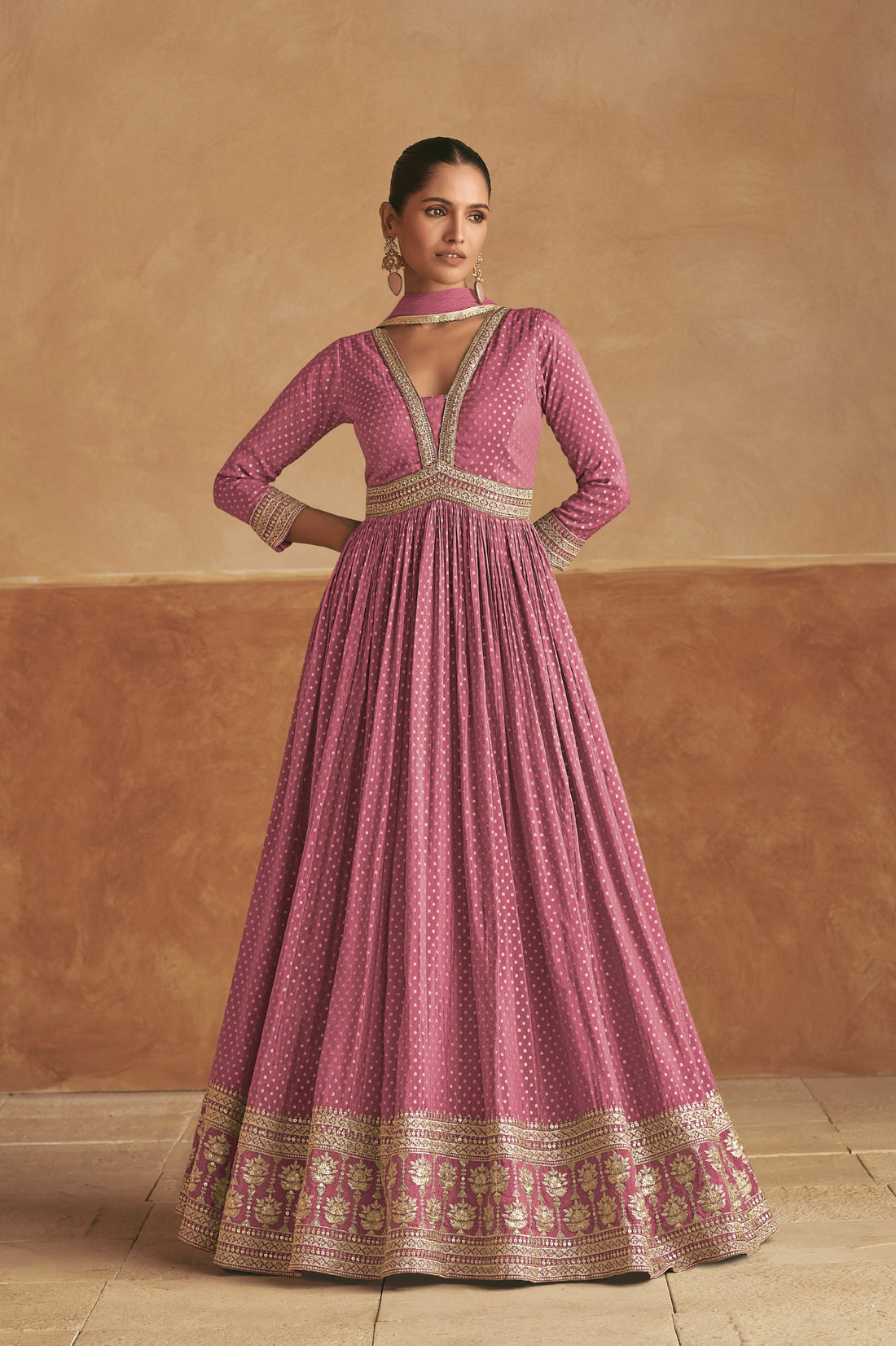 Rose Pink Pure Viscose Silk Anarkali with Embroidered Net Dupatta