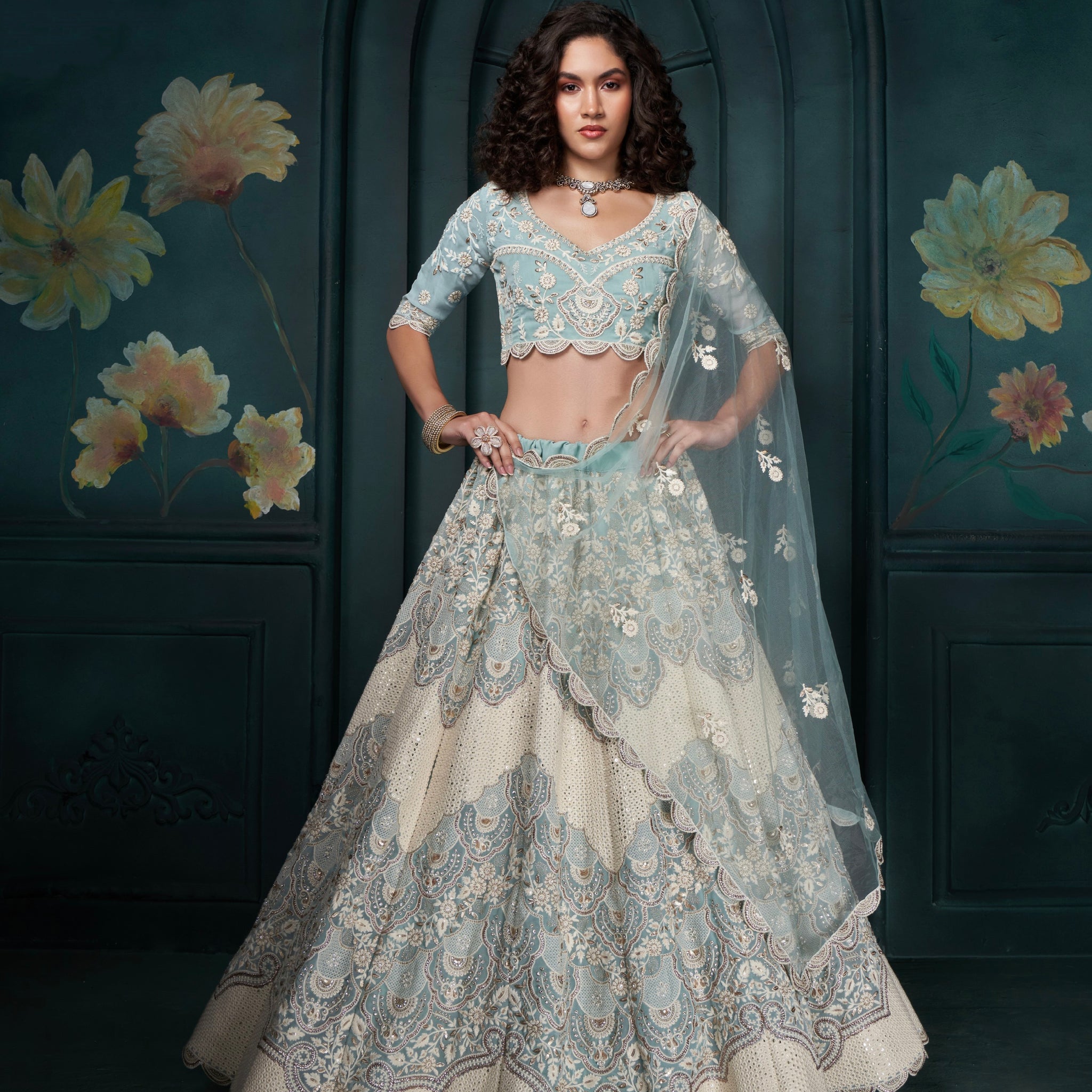 Firozi Georgette Lehenga with Heavy Embroidery, Sequins & Cording Work