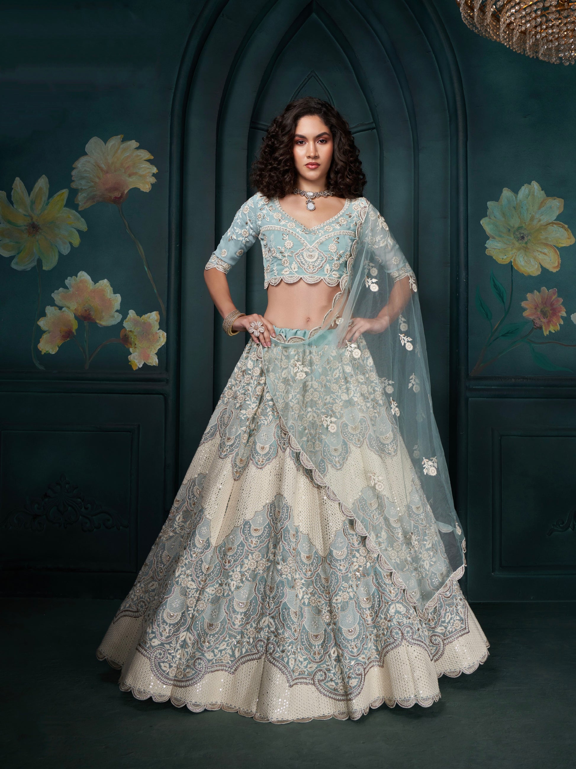 Firozi Georgette Lehenga with Heavy Embroidery, Sequins & Cording Work