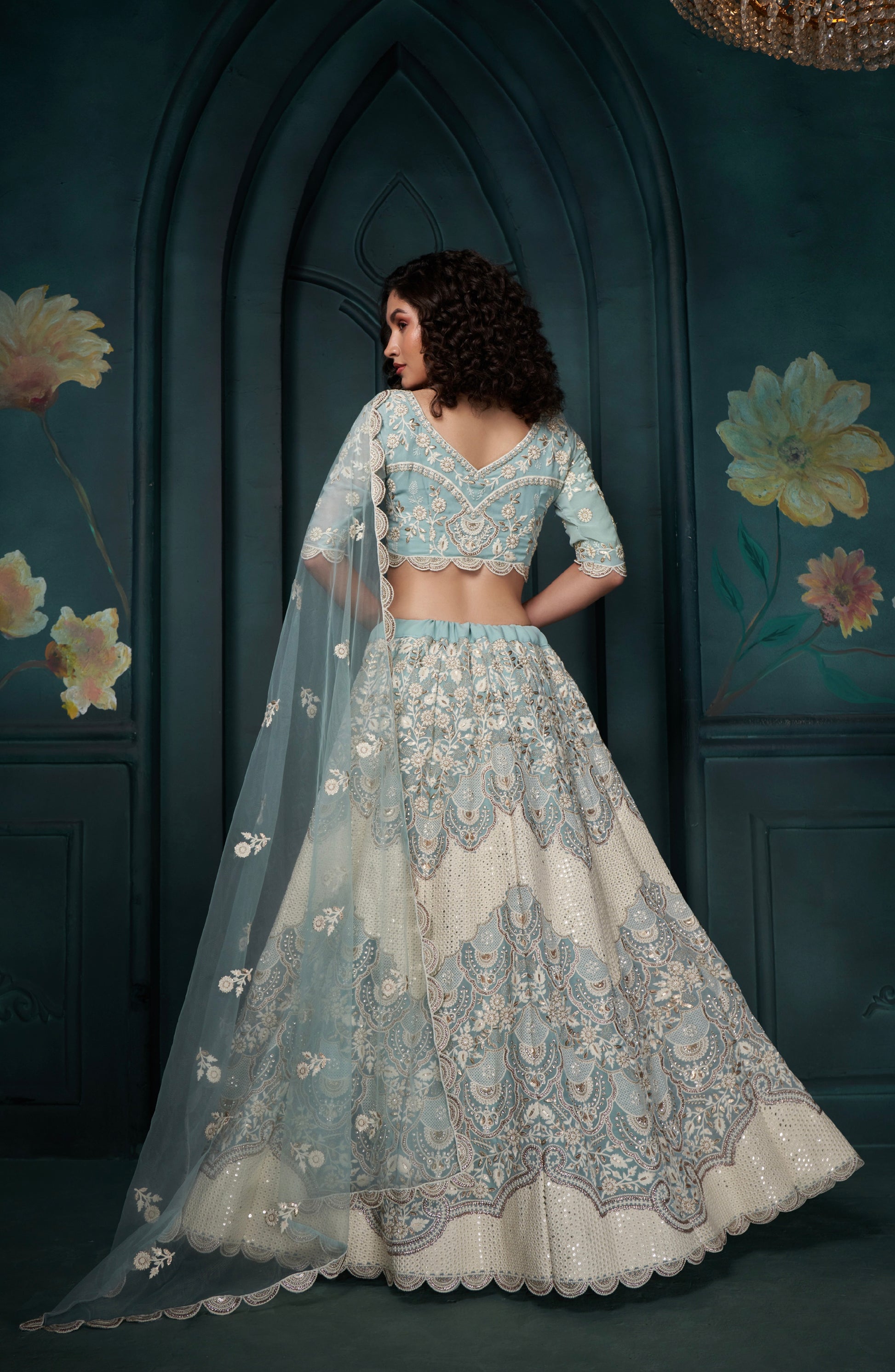 Firozi Georgette Lehenga with Heavy Embroidery, Sequins & Cording Work