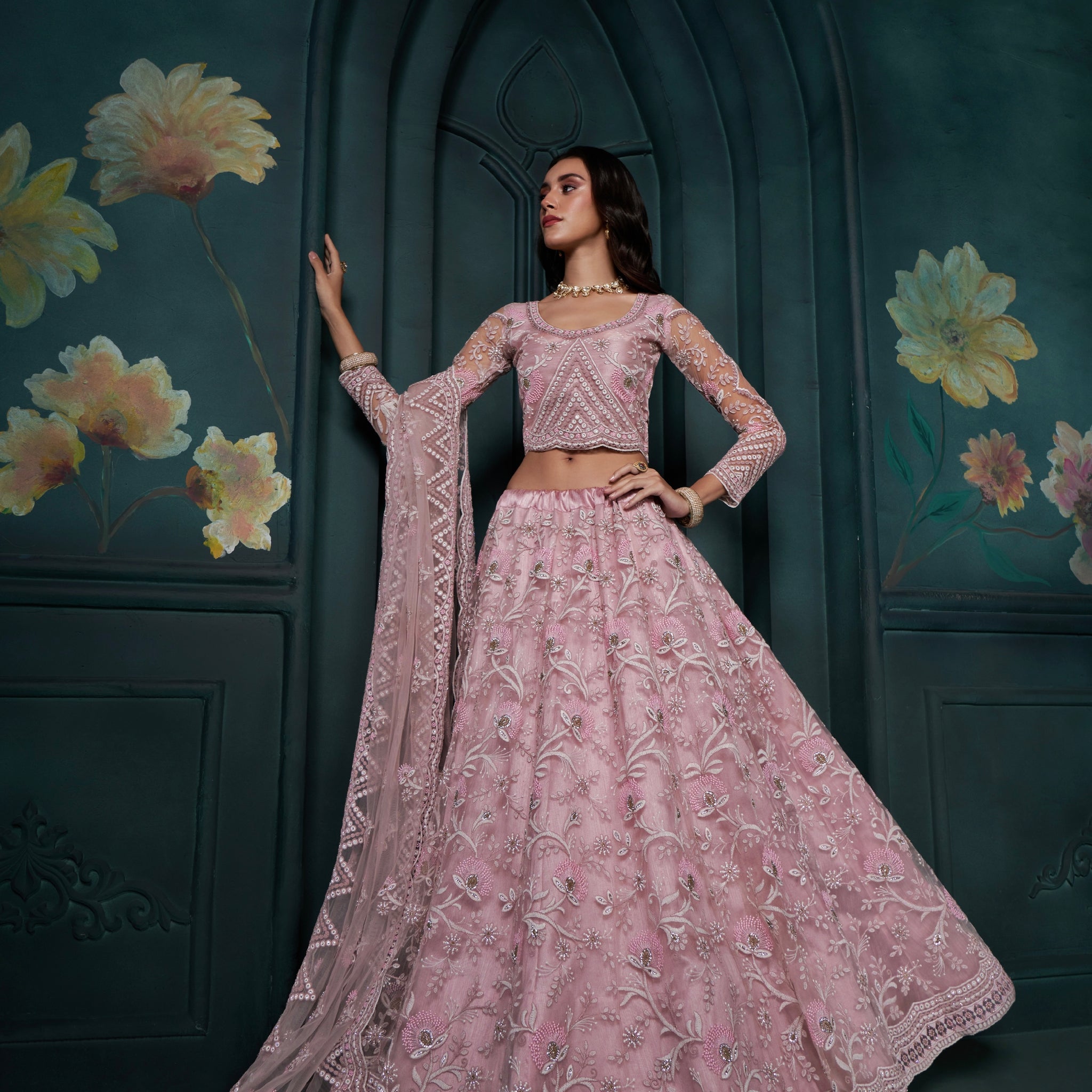 Dusty Pink Net Lehenga with Embroidery, Sequins & Cording Work