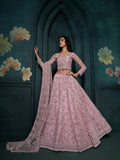 Dusty Pink Net Lehenga with Embroidery, Sequins & Cording Work