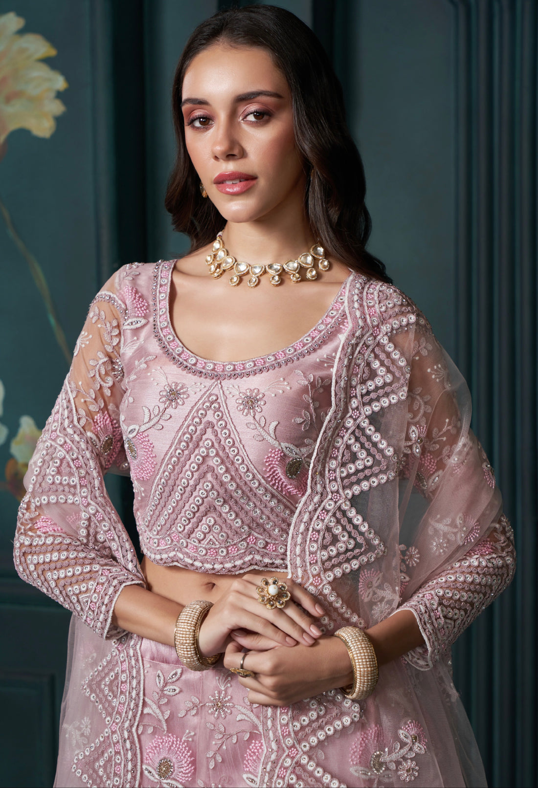 Dusty Pink Net Lehenga with Embroidery, Sequins & Cording Work