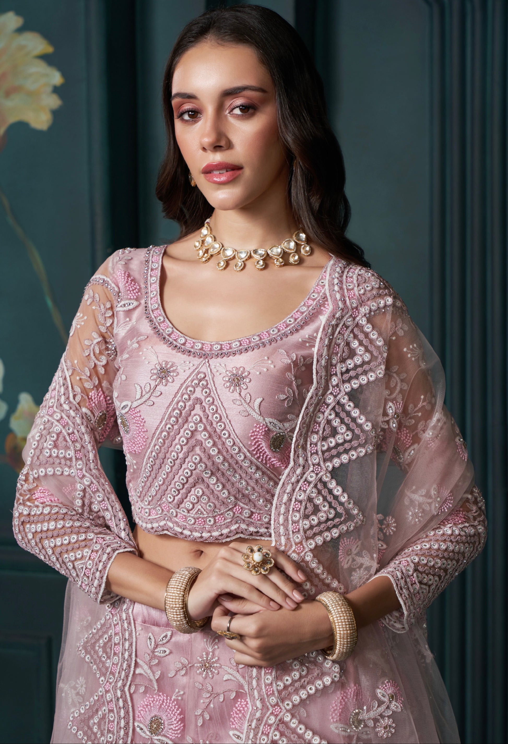 Dusty Pink Net Lehenga with Embroidery, Sequins & Cording Work