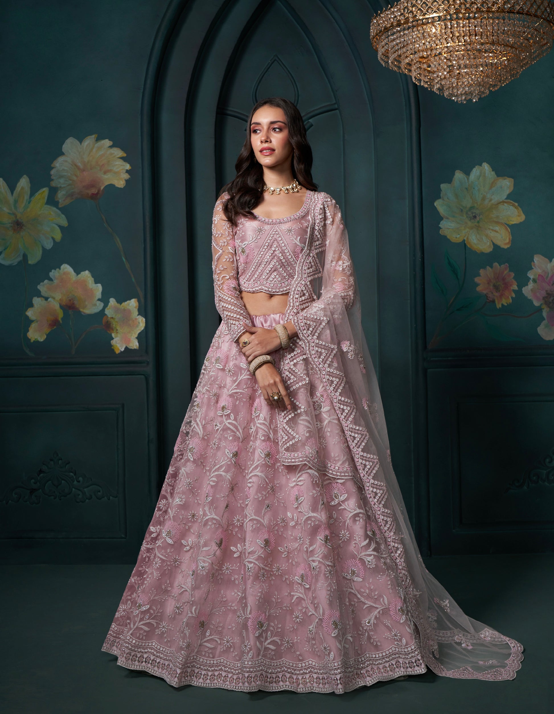 Dusty Pink Net Lehenga with Embroidery, Sequins & Cording Work