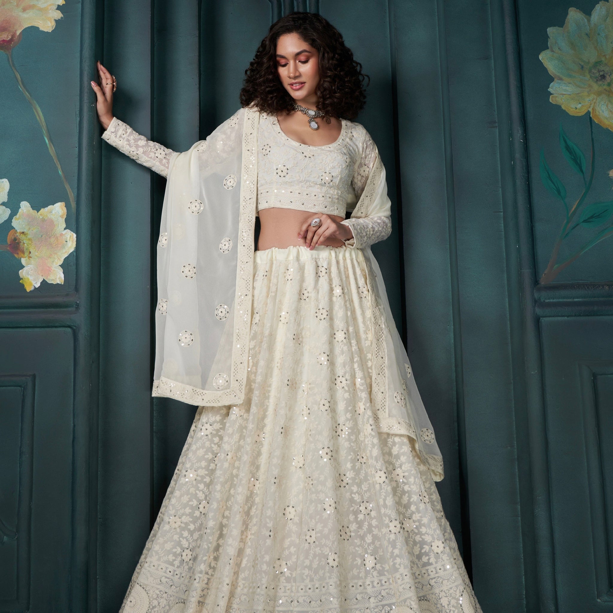 Off-White Georgette Lehenga with Thread, Sequins & Cording Embroidery