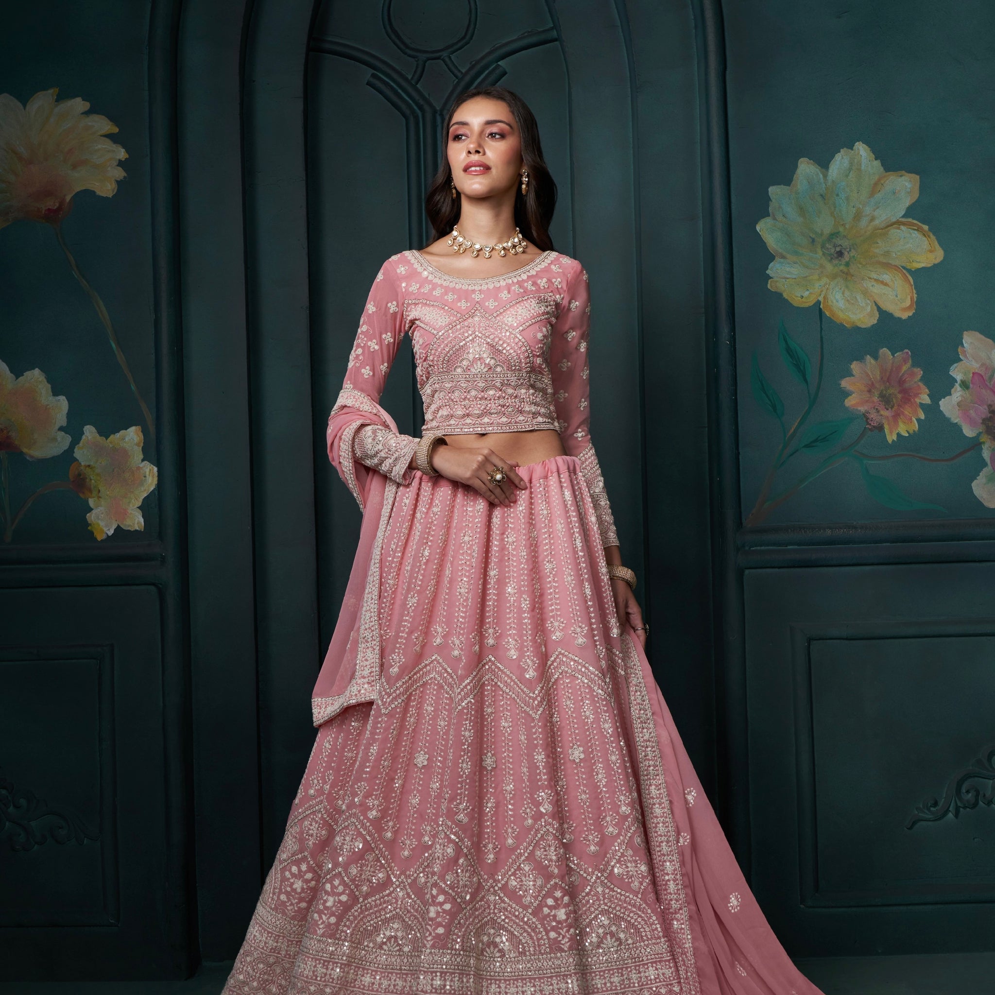 Pink Georgette Lehenga with Heavy Thread, Sequins & Cording Work