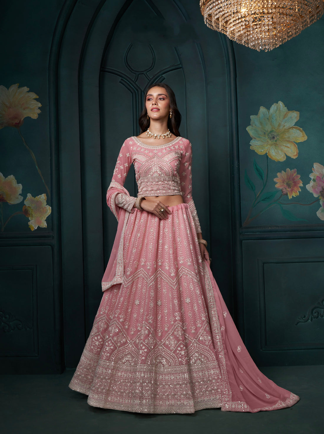 Pink Georgette Lehenga with Heavy Thread, Sequins & Cording Work