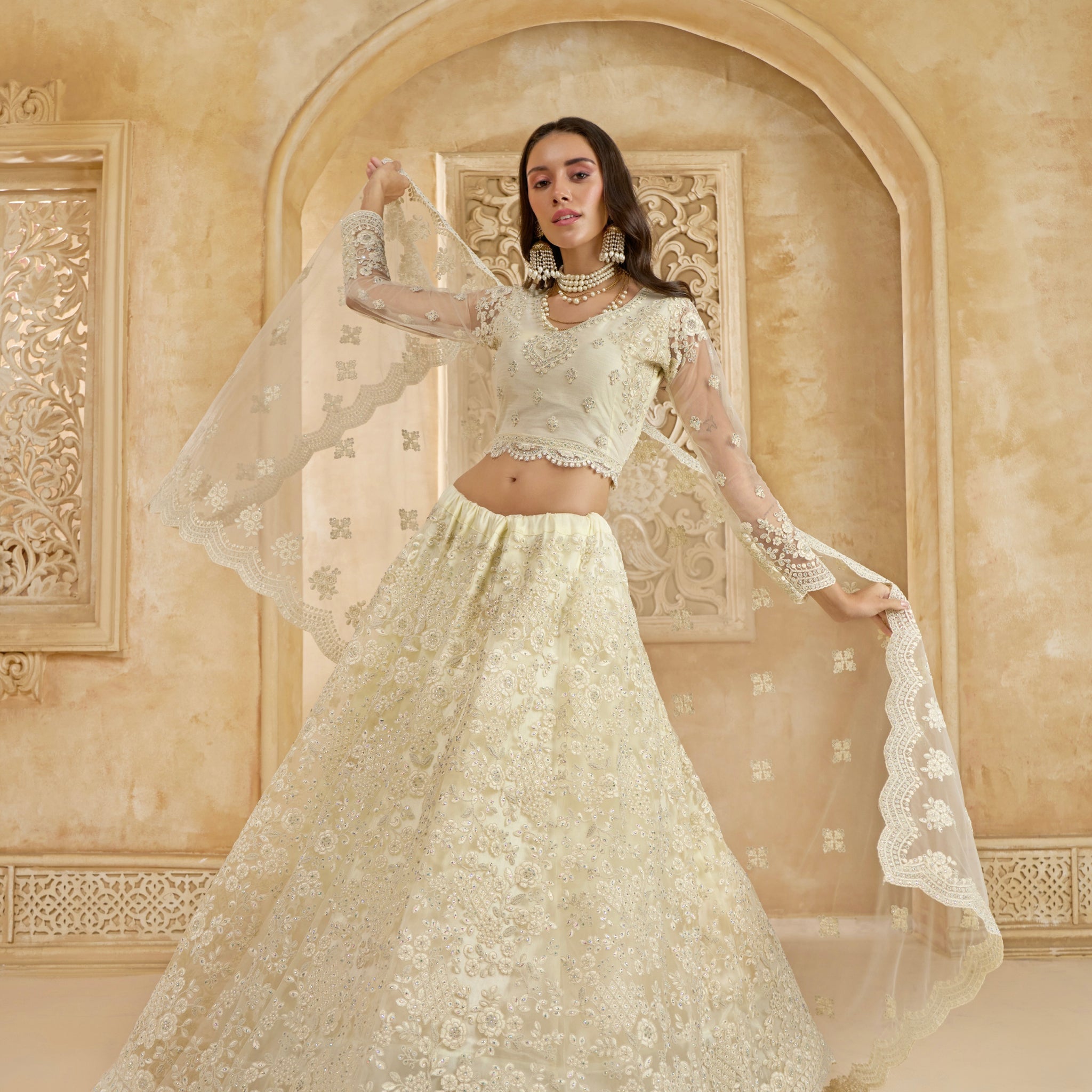 Ivory Net Embroidered Lehenga Choli with Stonework