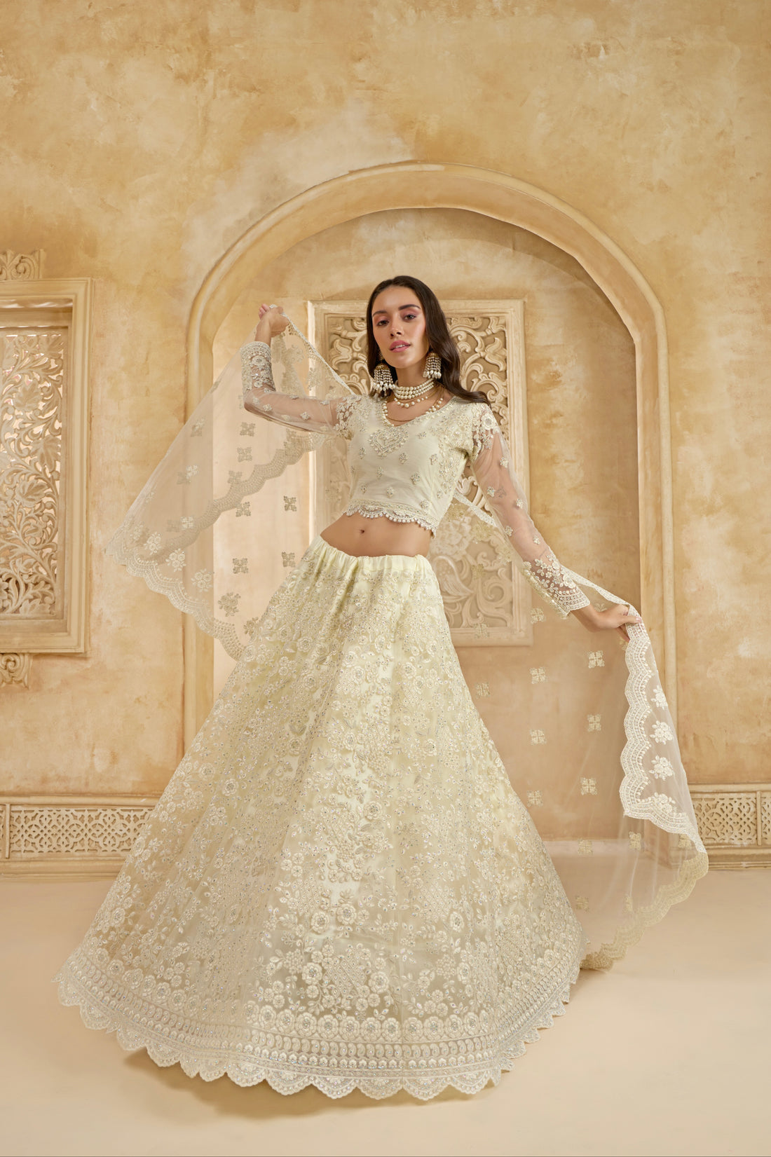 Ivory Net Embroidered Lehenga Choli with Stonework