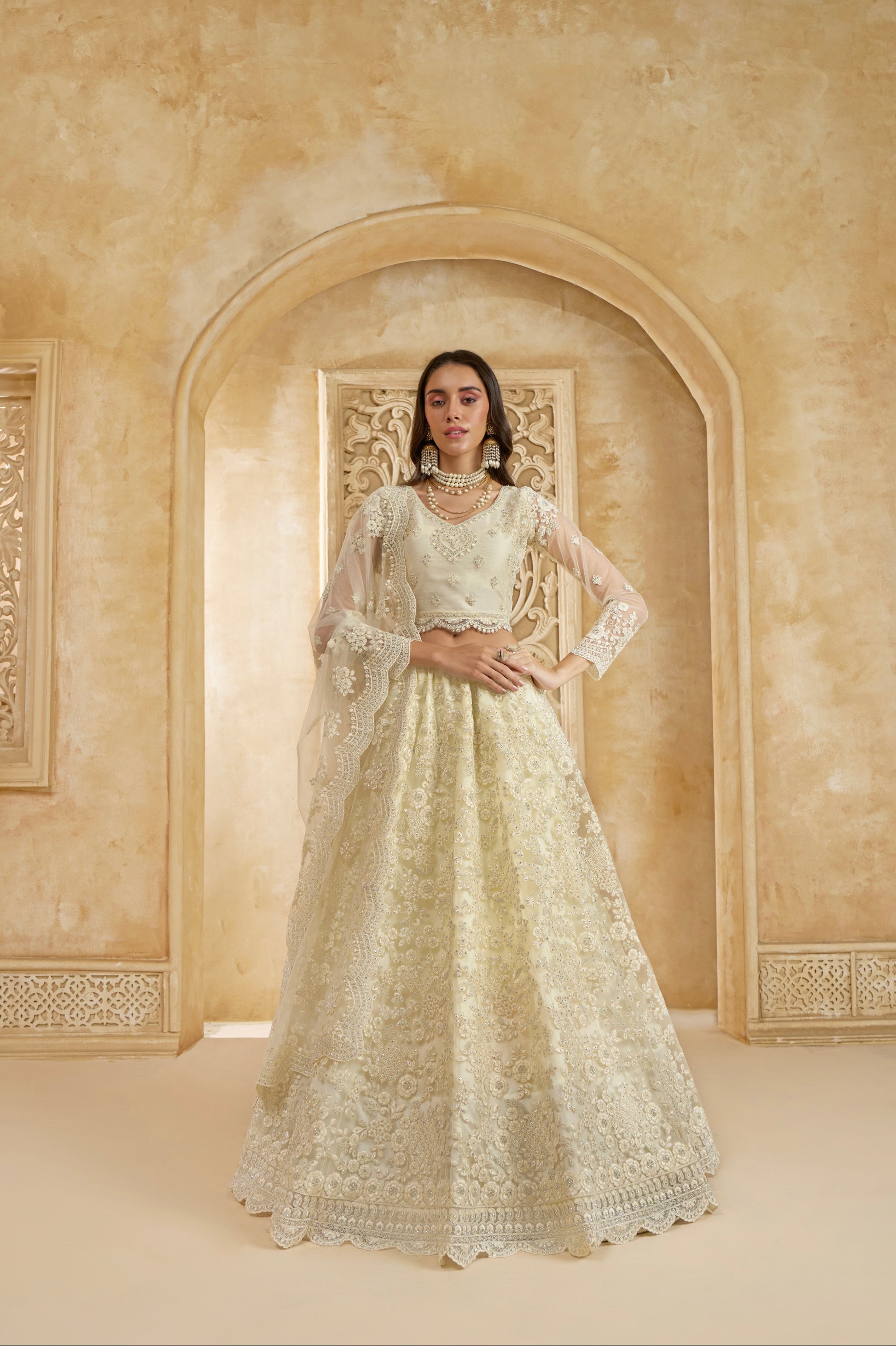 Ivory Net Embroidered Lehenga Choli with Stonework