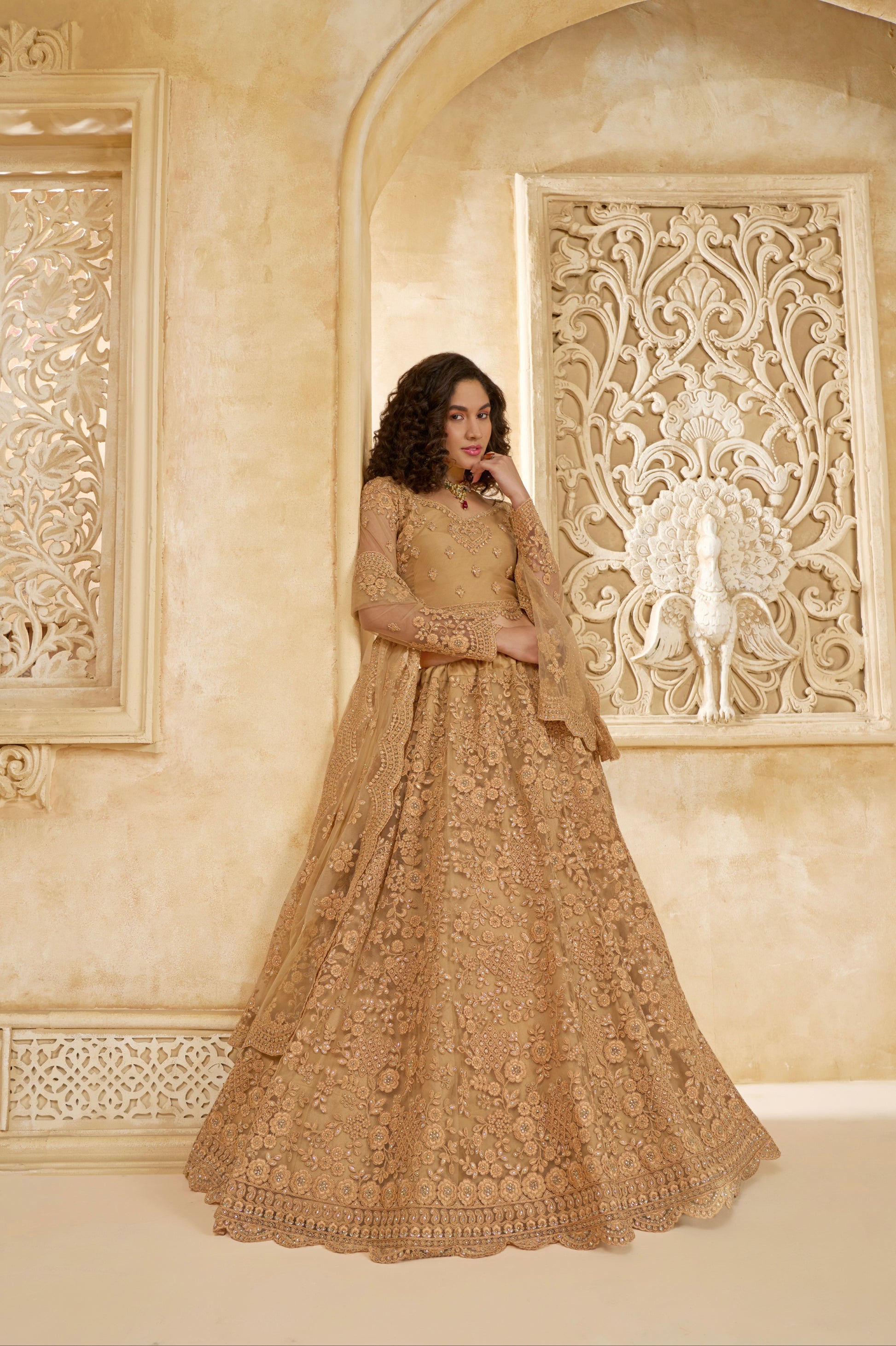 Golden Lehenga Choli with Intricate Stone & Thread Embroidery