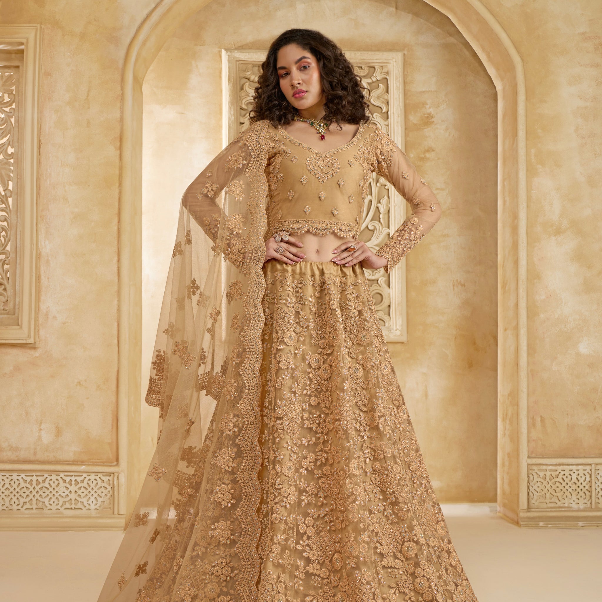 Golden Lehenga Choli with Intricate Stone & Thread Embroidery