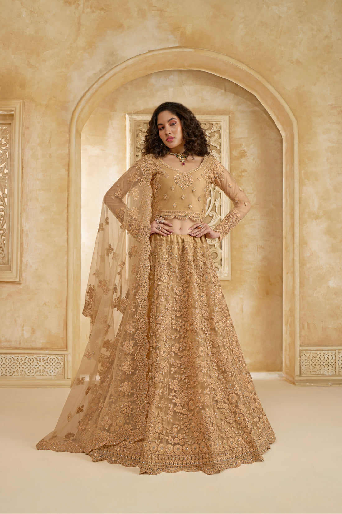 Golden Lehenga Choli with Intricate Stone & Thread Embroidery