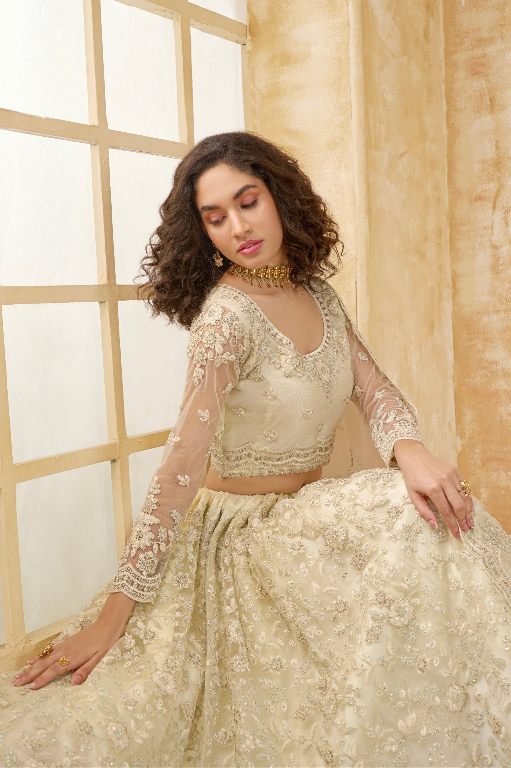 Ivory Bridal Lehenga Choli with Stone Embroidery & Structured Flair