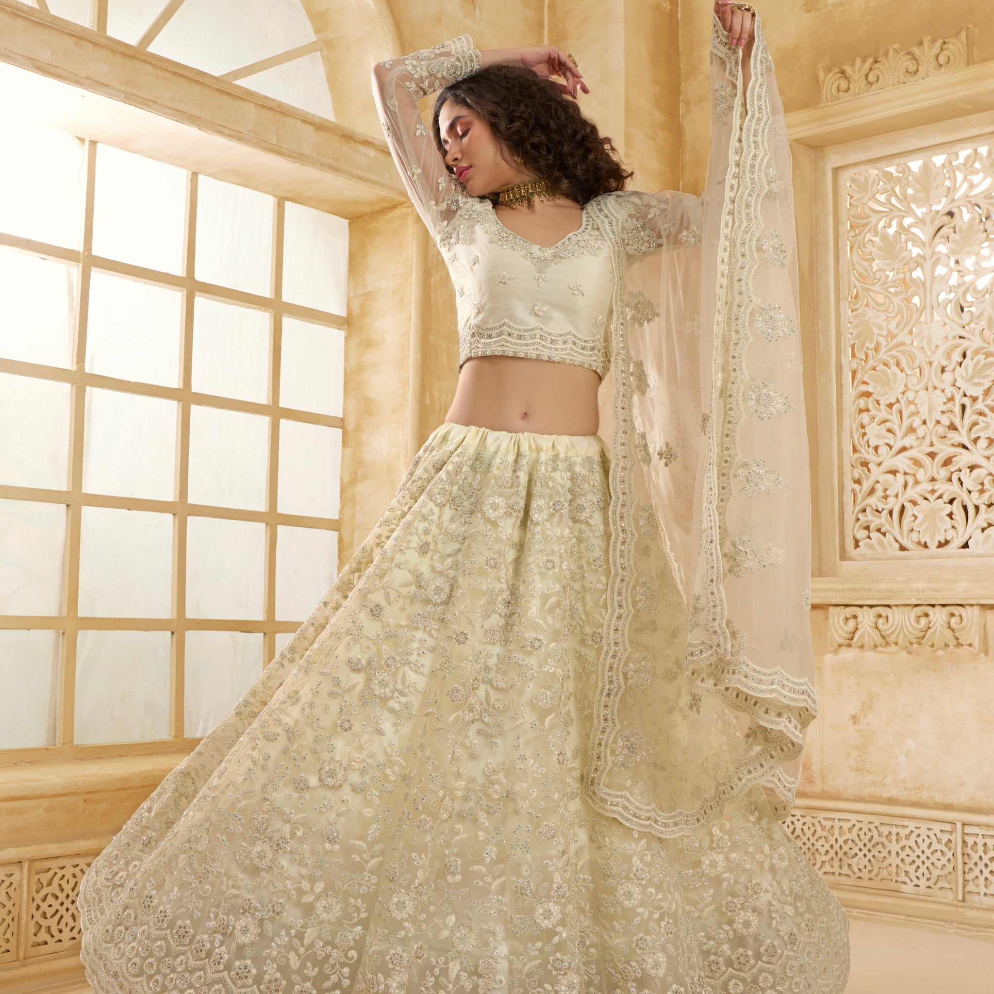 Ivory Bridal Lehenga Choli with Stone Embroidery & Structured Flair