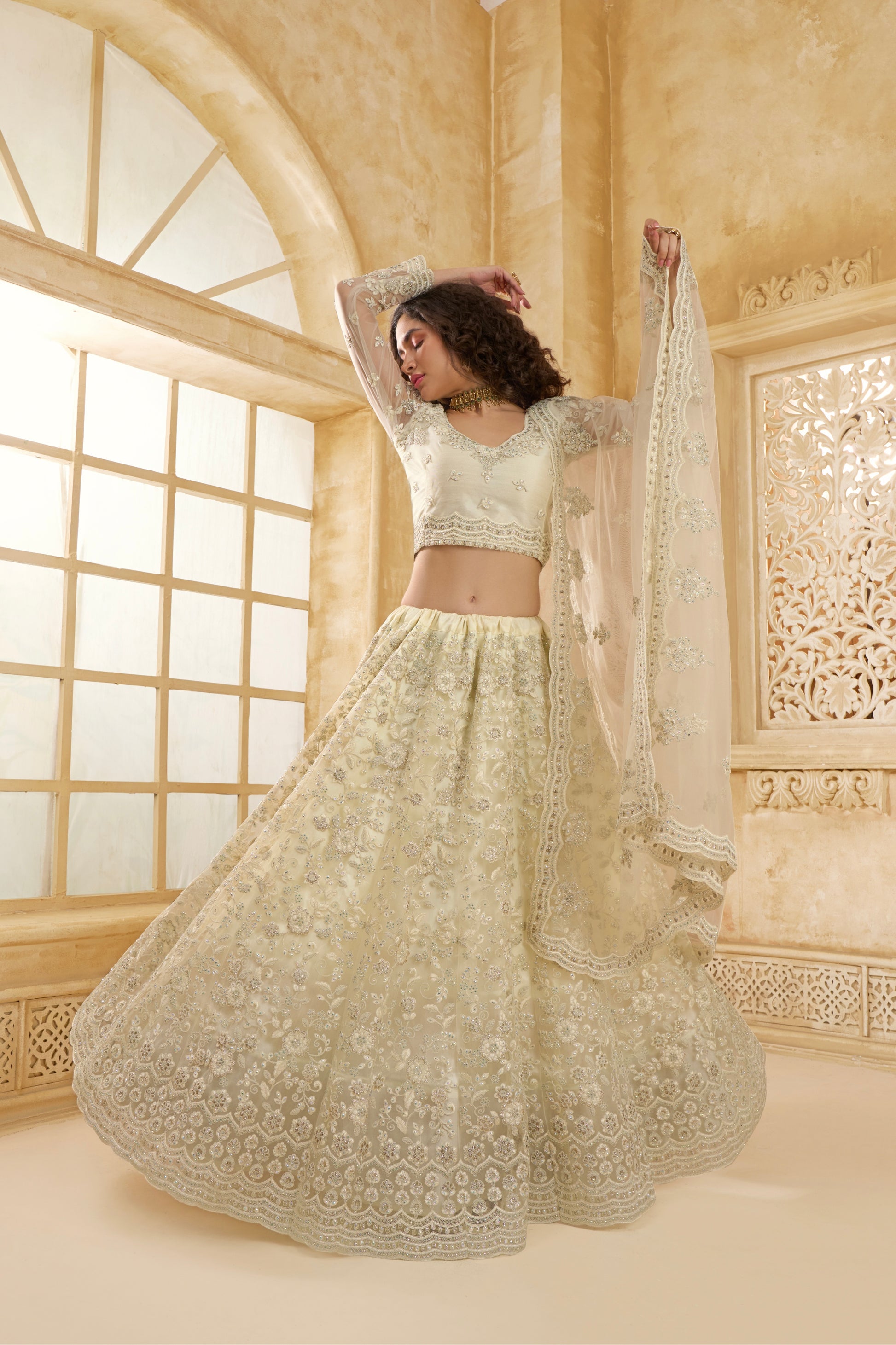 Ivory Bridal Lehenga Choli with Stone Embroidery & Structured Flair