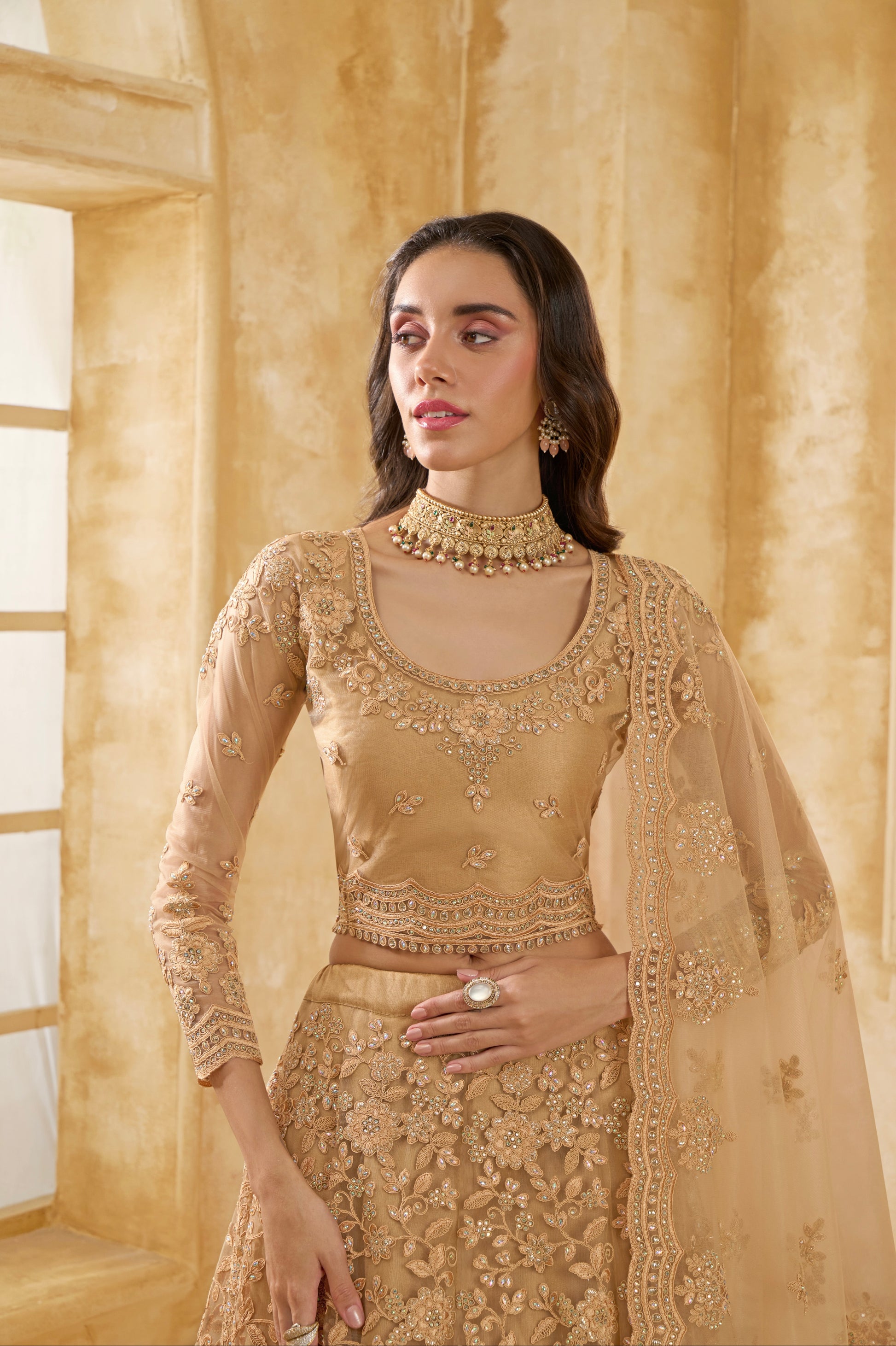 Golden Net Lehenga Choli with Thread Embroidery & Glittering Stones