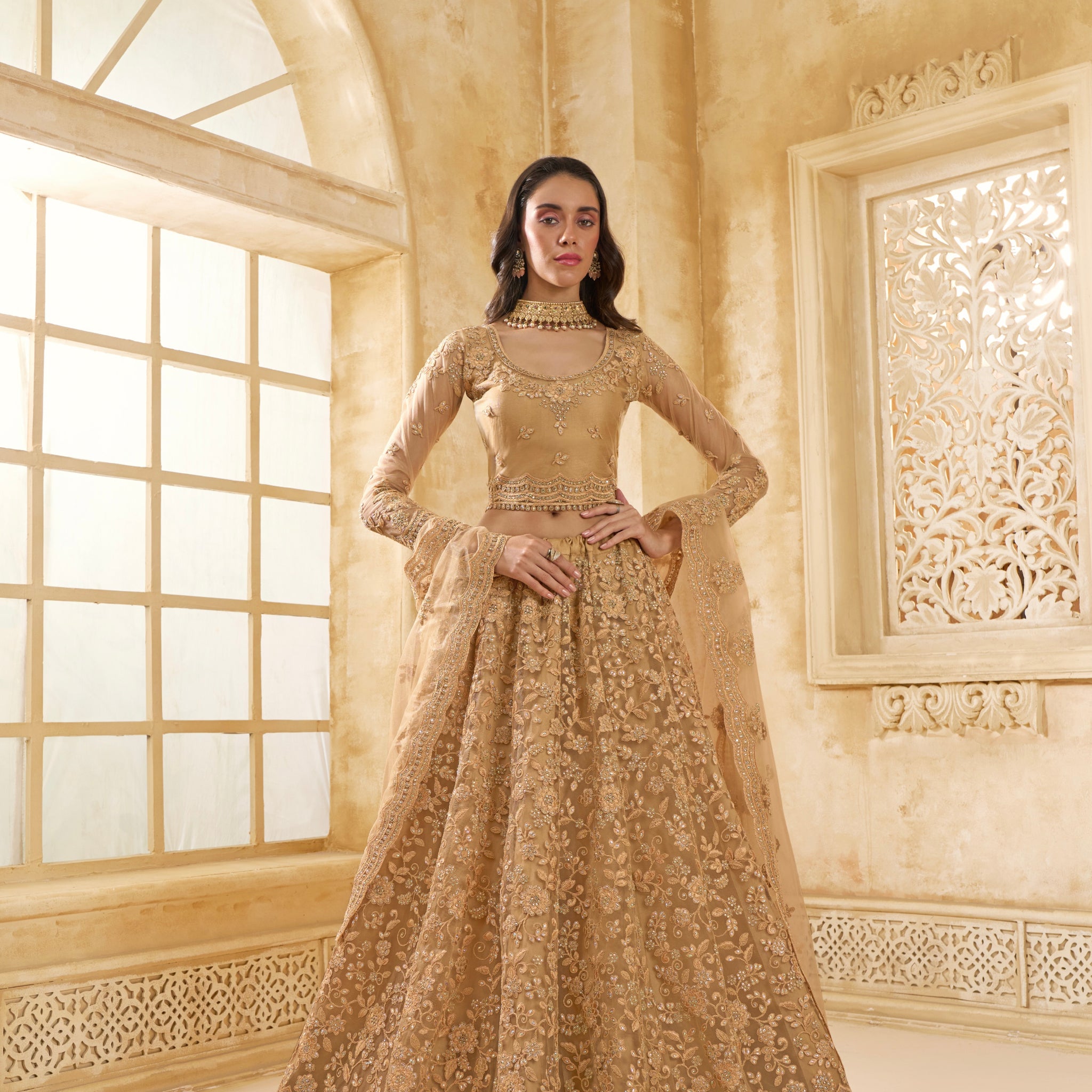 Golden Net Lehenga Choli with Thread Embroidery & Glittering Stones