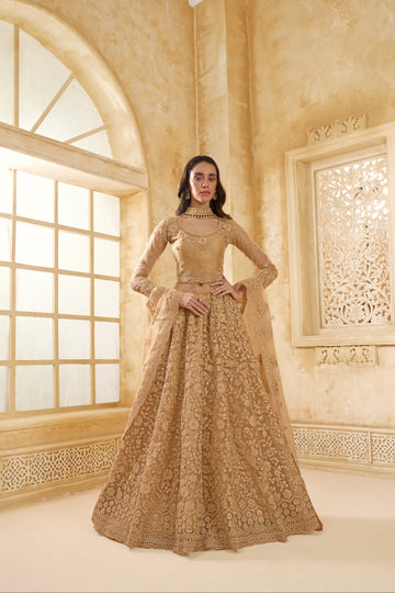 Golden Net Lehenga Choli with Thread Embroidery & Glittering Stones