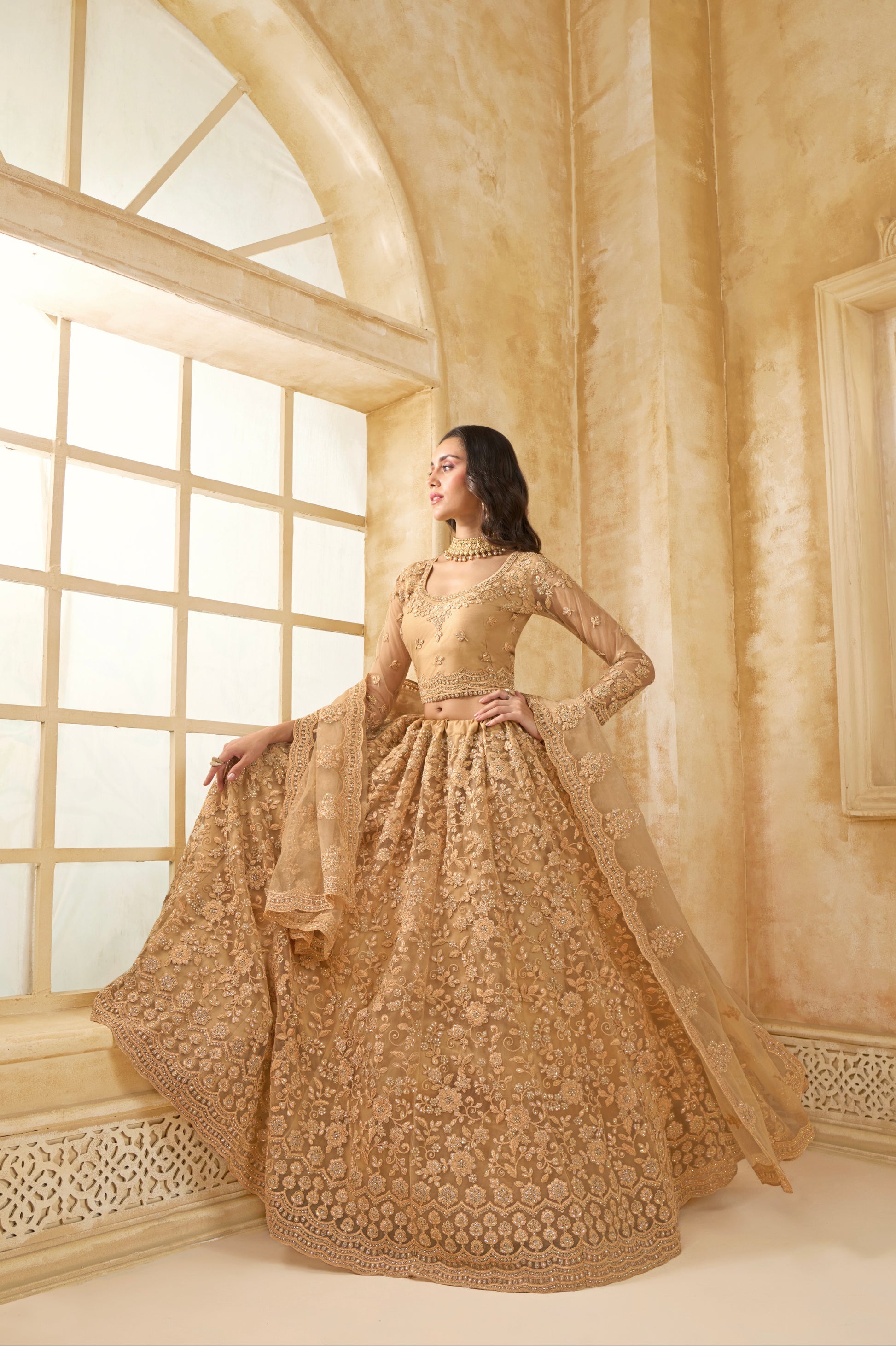 Golden Net Lehenga Choli with Thread Embroidery & Glittering Stones