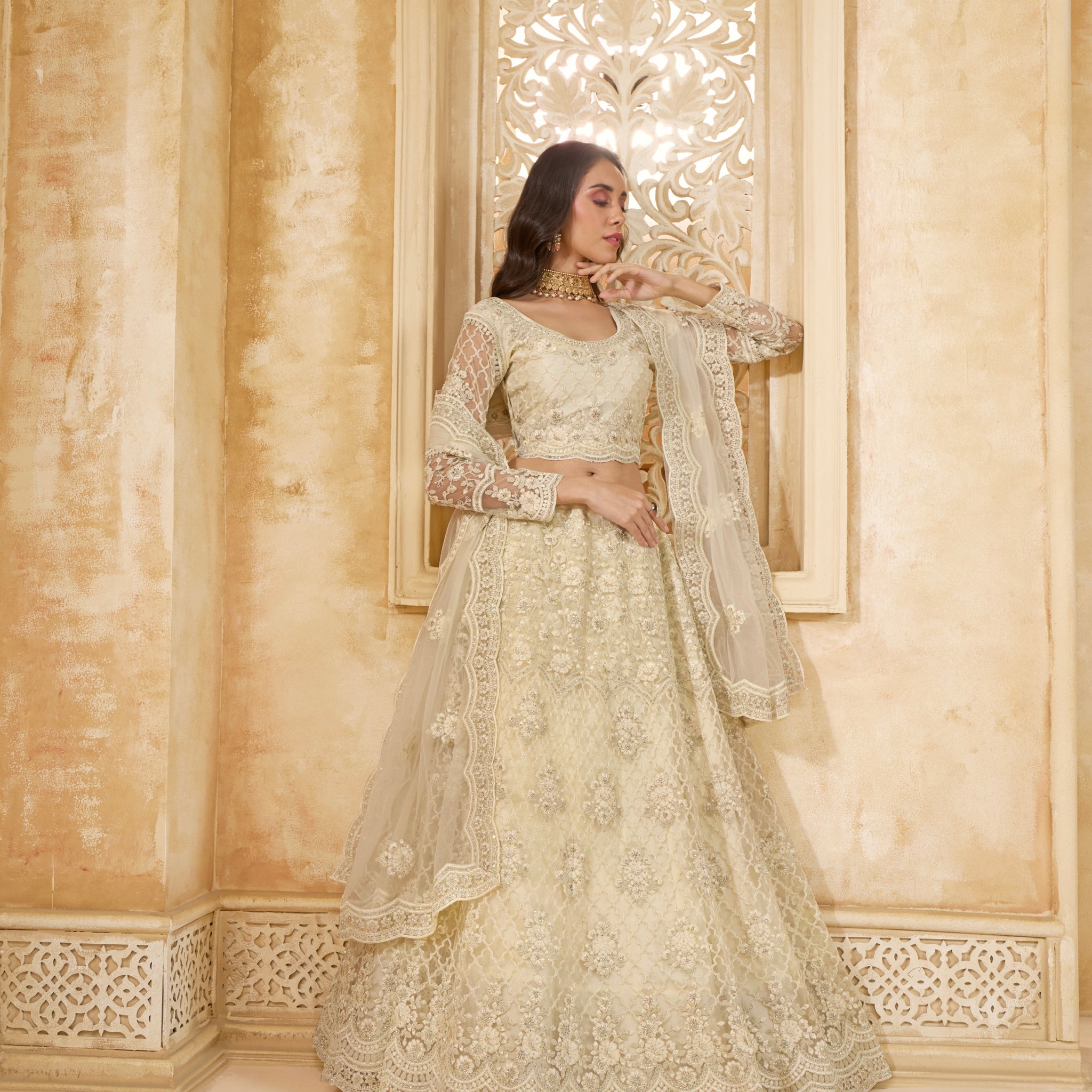 Ivory Net Embroidered Lehenga with Stone & Cording Work