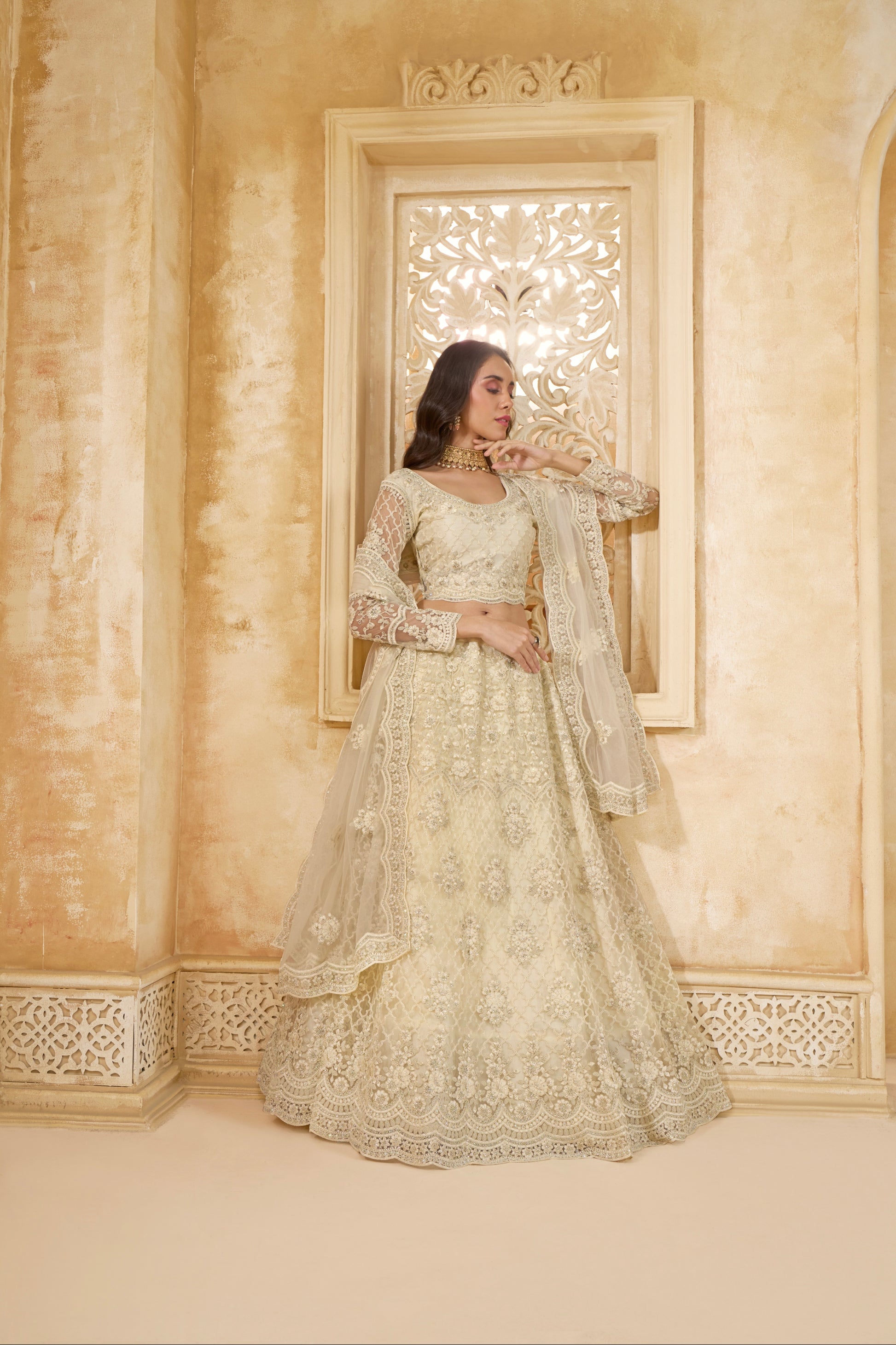 Ivory Net Embroidered Lehenga with Stone & Cording Work