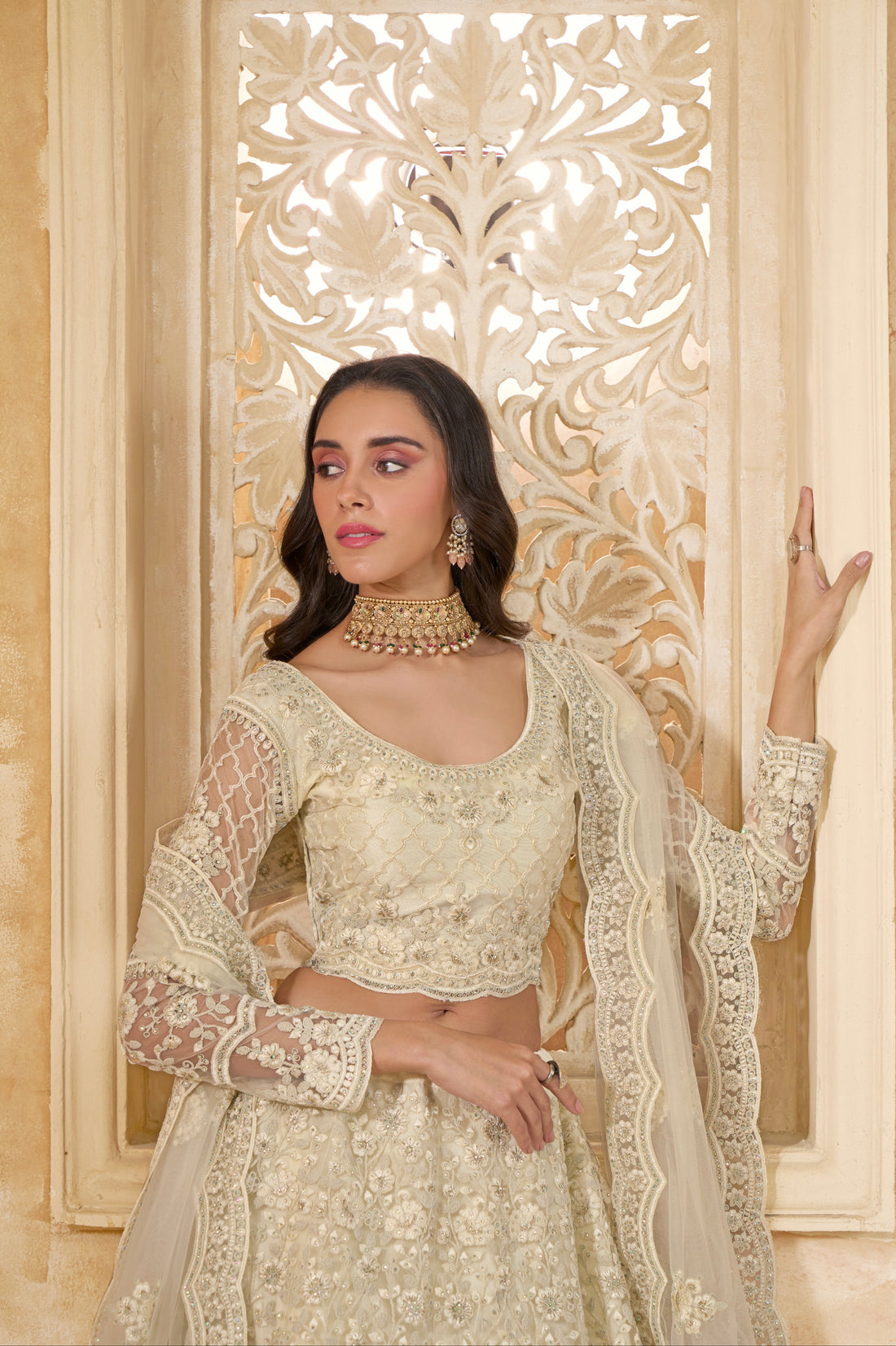 Ivory Net Embroidered Lehenga with Stone & Cording Work