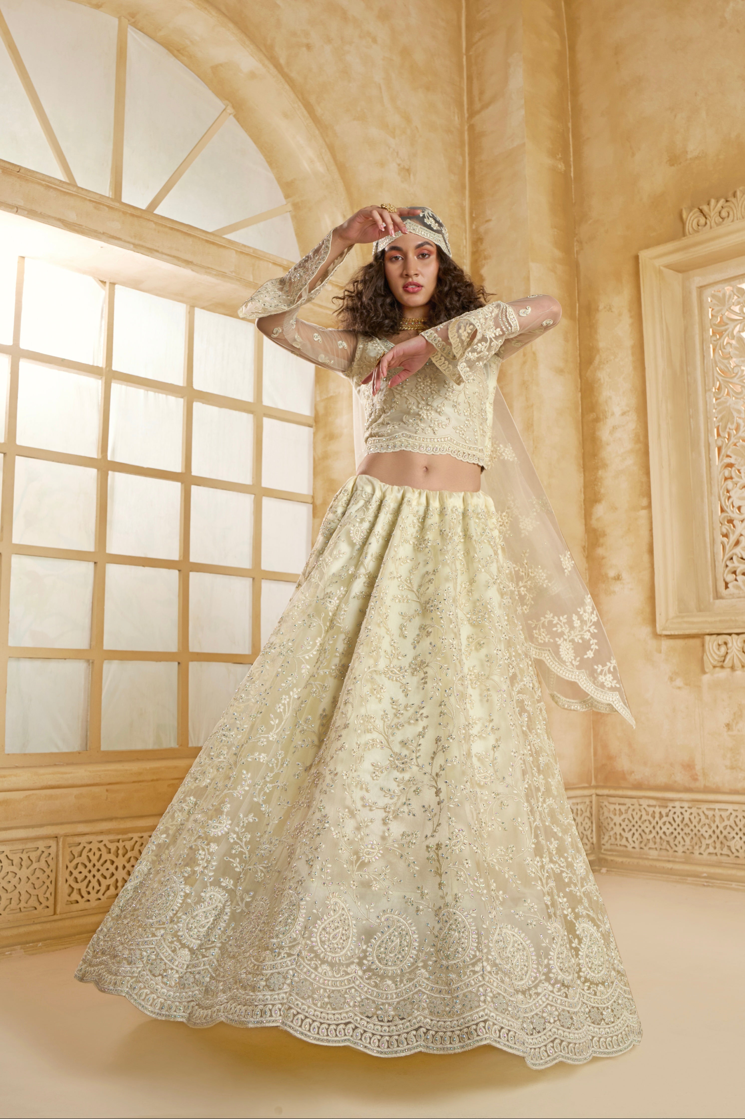 Ivory Net Bridal Lehenga Choli with All Over Stone Thread Embroidery