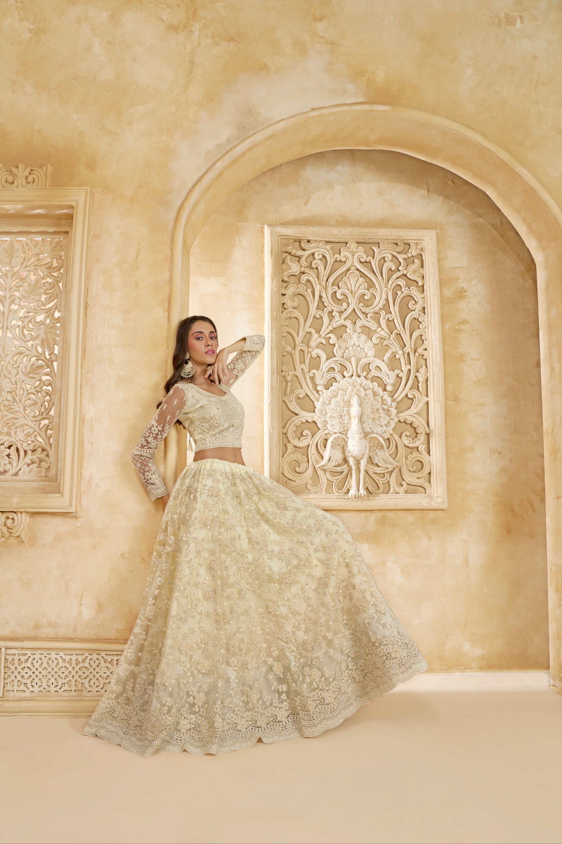 Ivory Elegant Net Lehenga Choli with Stone & Embroidery Detailing