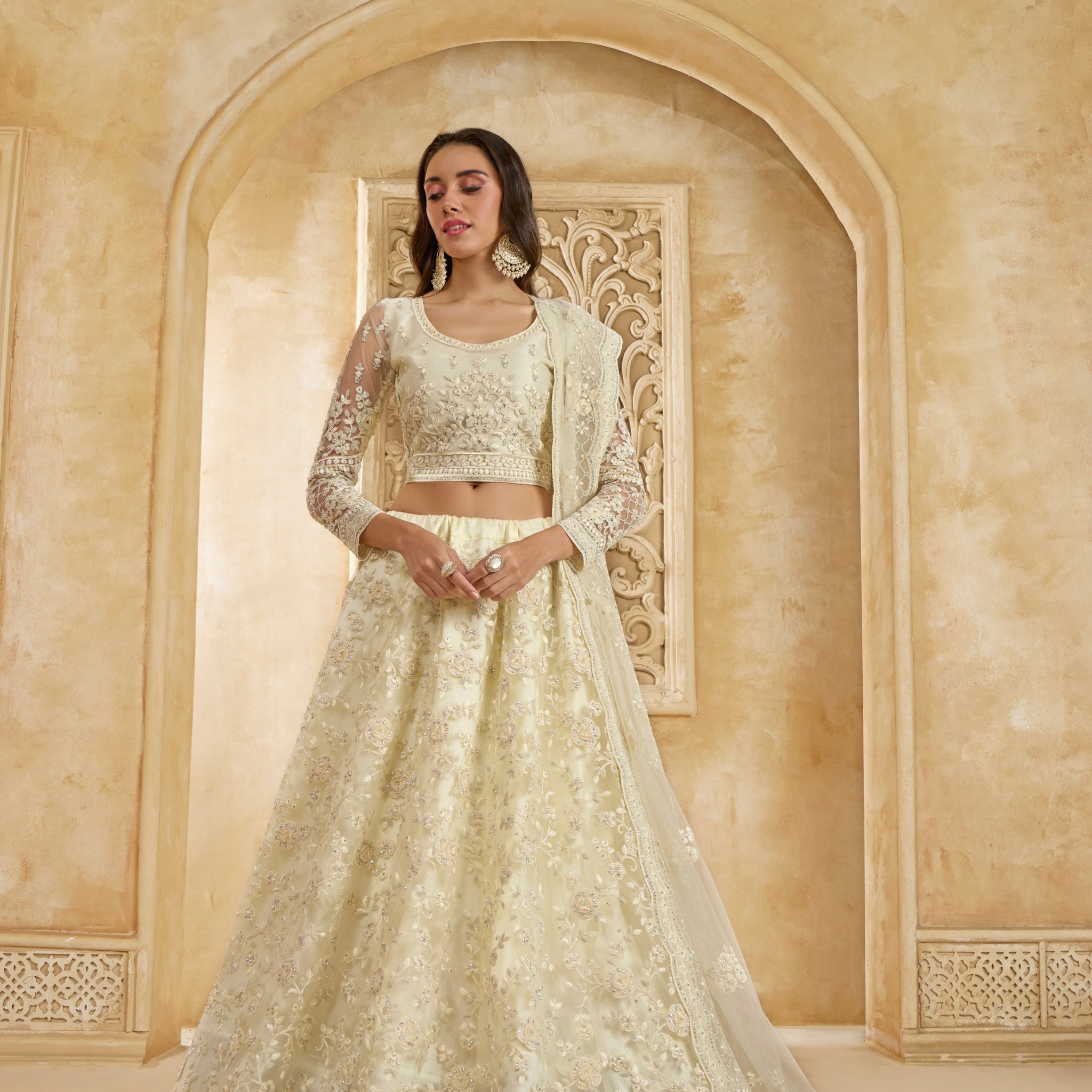 Ivory Elegant Net Lehenga Choli with Stone & Embroidery Detailing