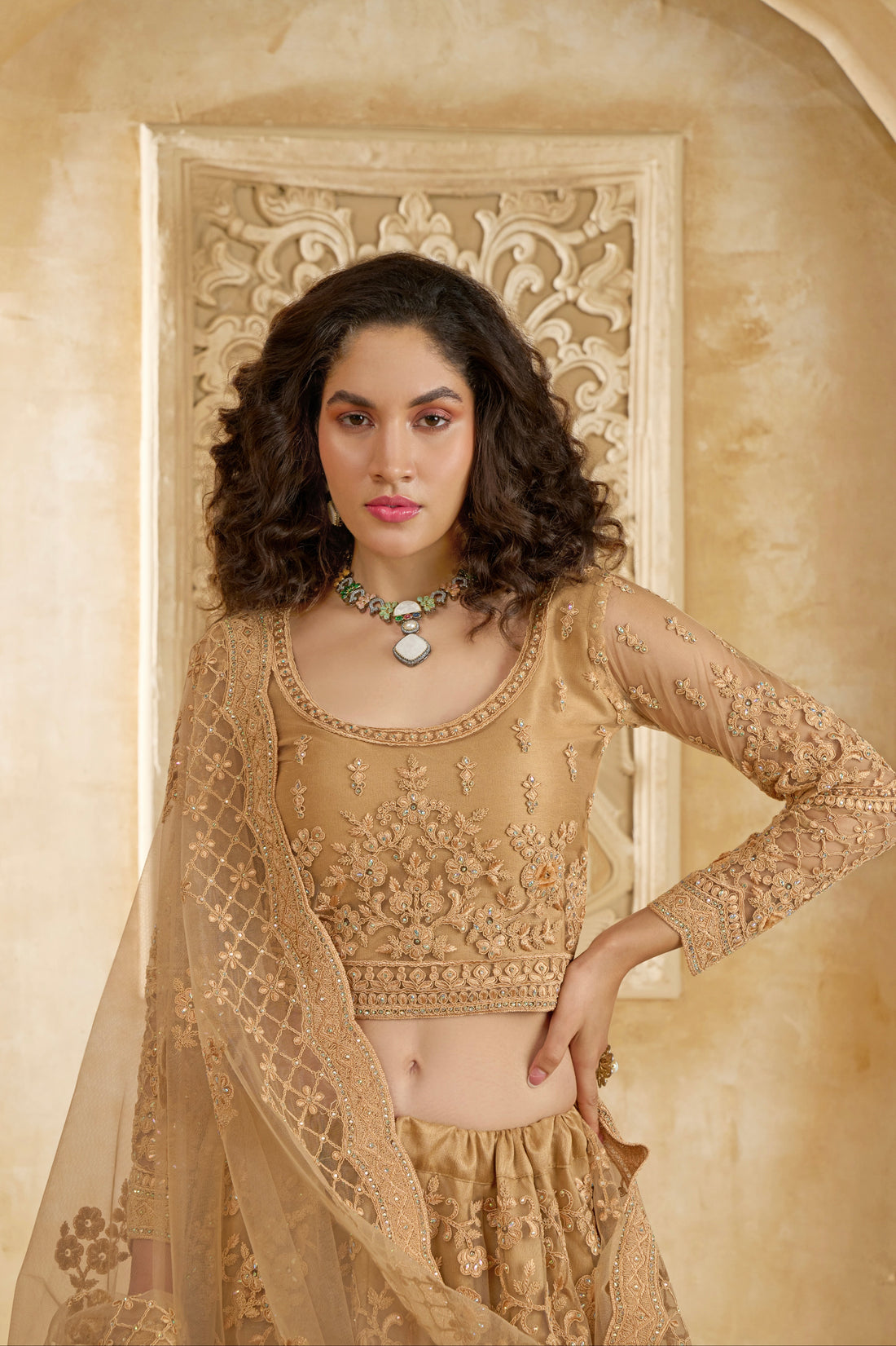 Golden Bridal Lehenga Choli with Stone-Studded Embroidery