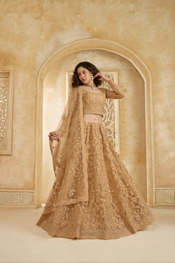 Golden Bridal Lehenga Choli with Stone-Studded Embroidery