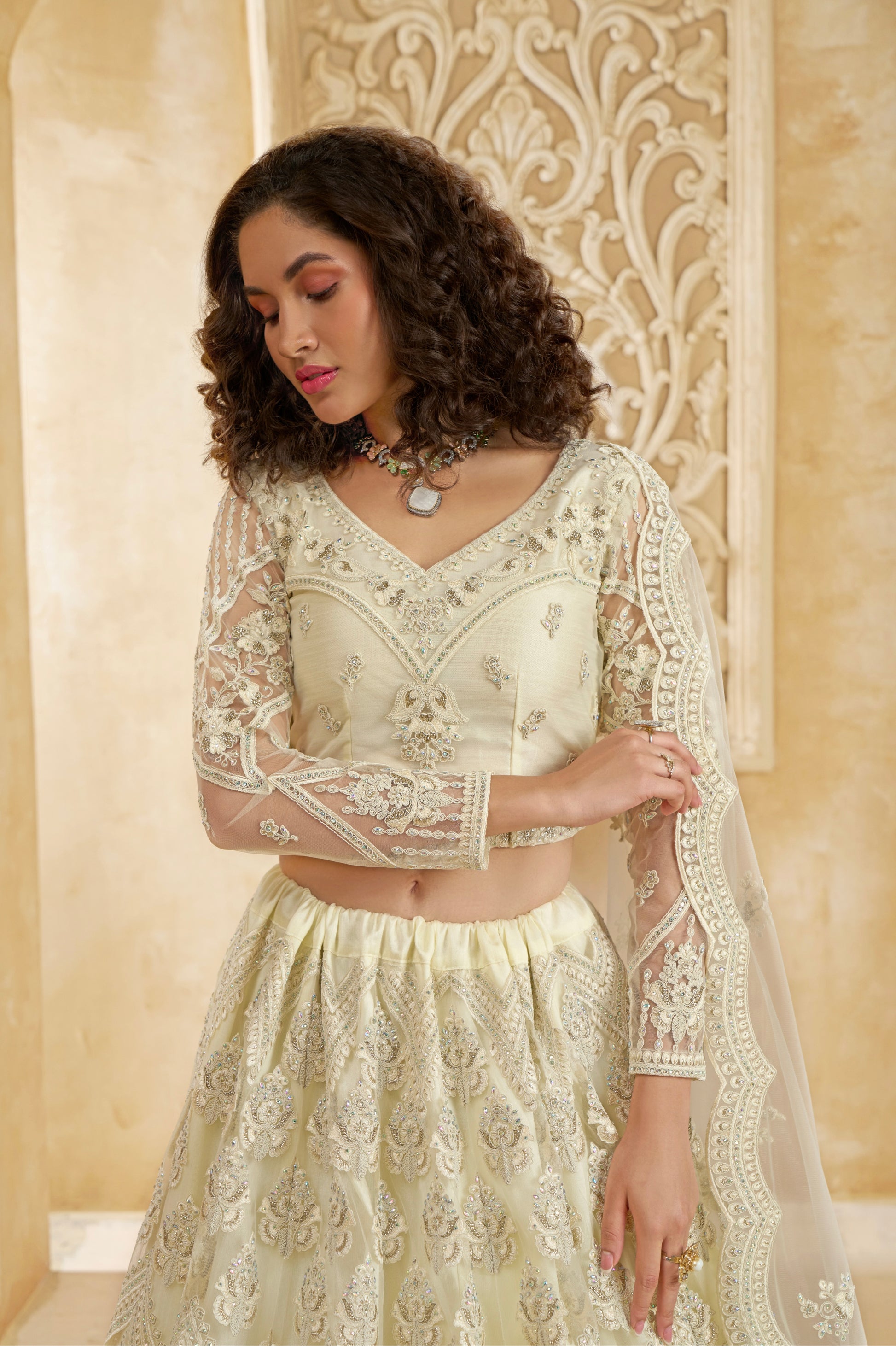 Ivory Net Lehenga Choli with Heavy Embroidery & Stonework