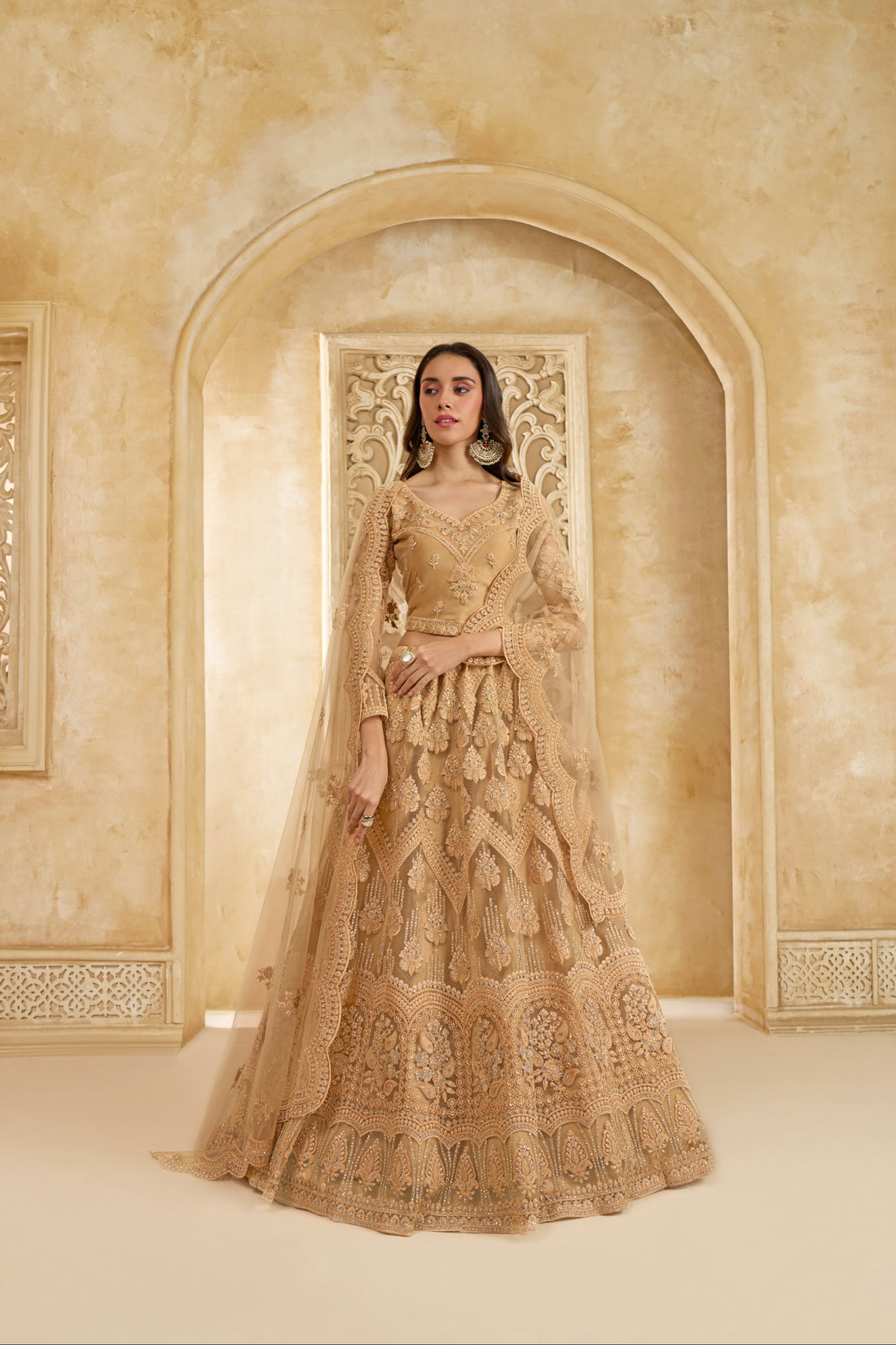 Golden Net Embroidered Lehenga with Cording Work & Stones