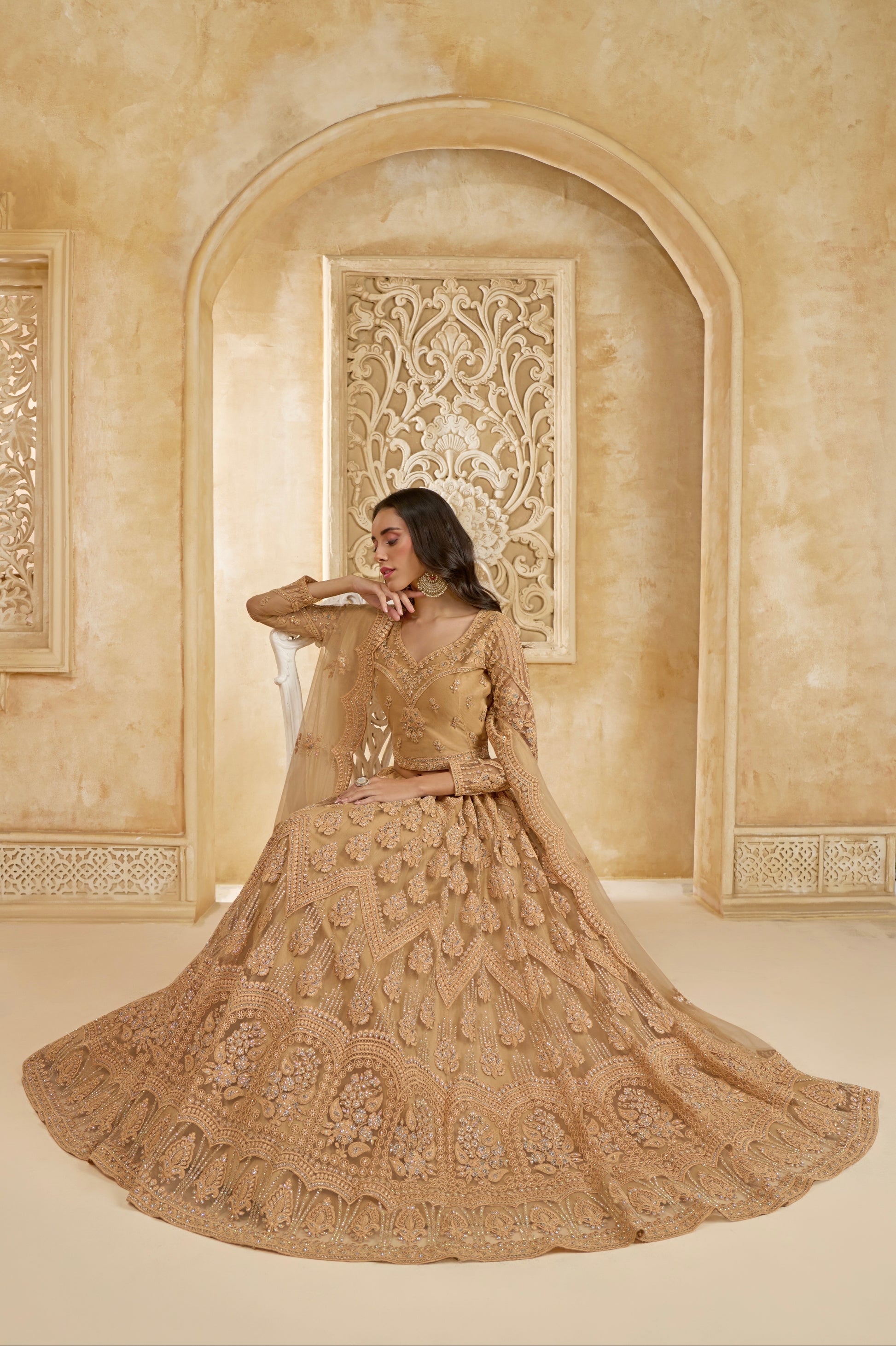 Golden Net Embroidered Lehenga with Cording Work & Stones