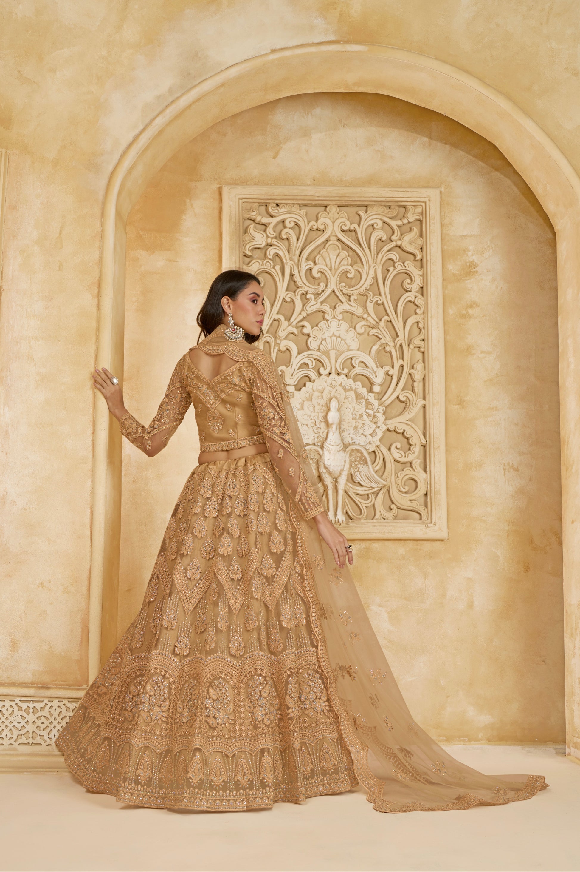 Golden Net Embroidered Lehenga with Cording Work & Stones