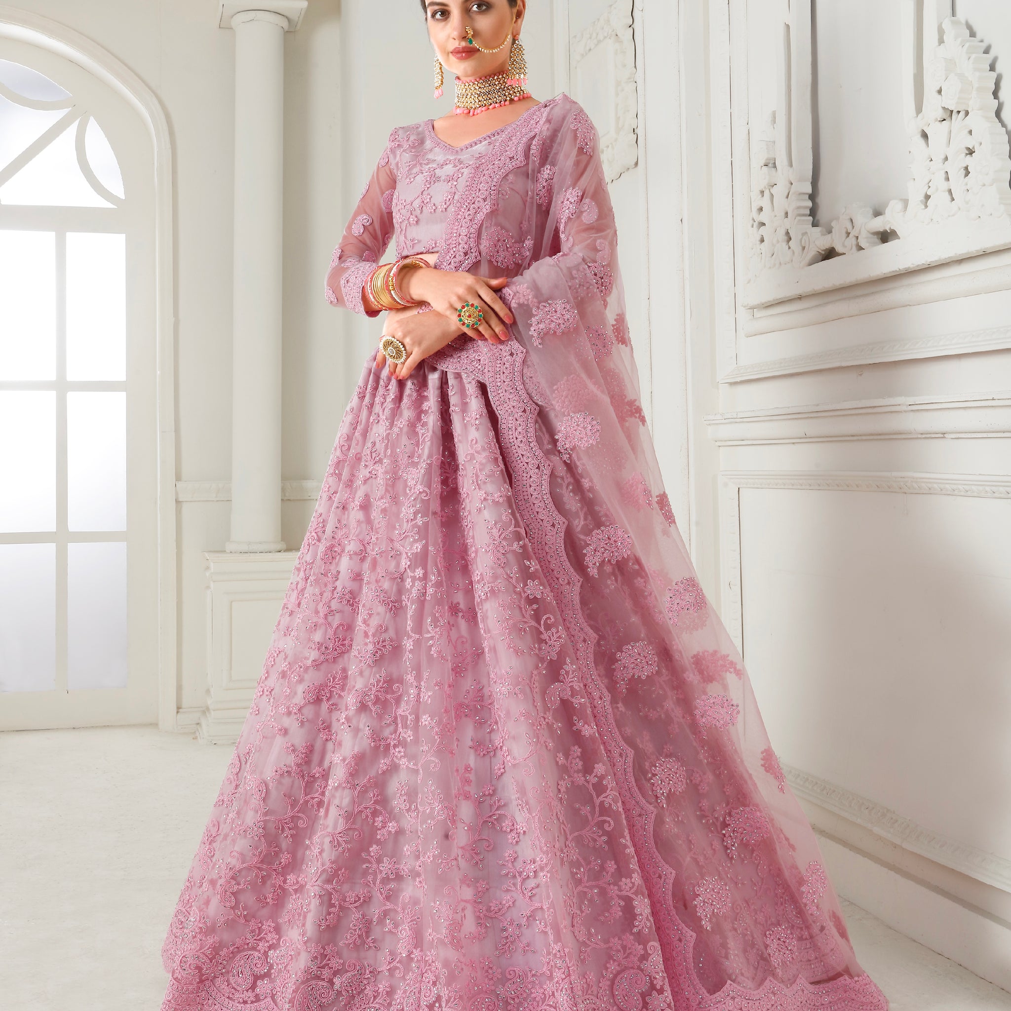 Dusty Pink Net Bridal Lehenga with Cording Embroidery & Stone Work