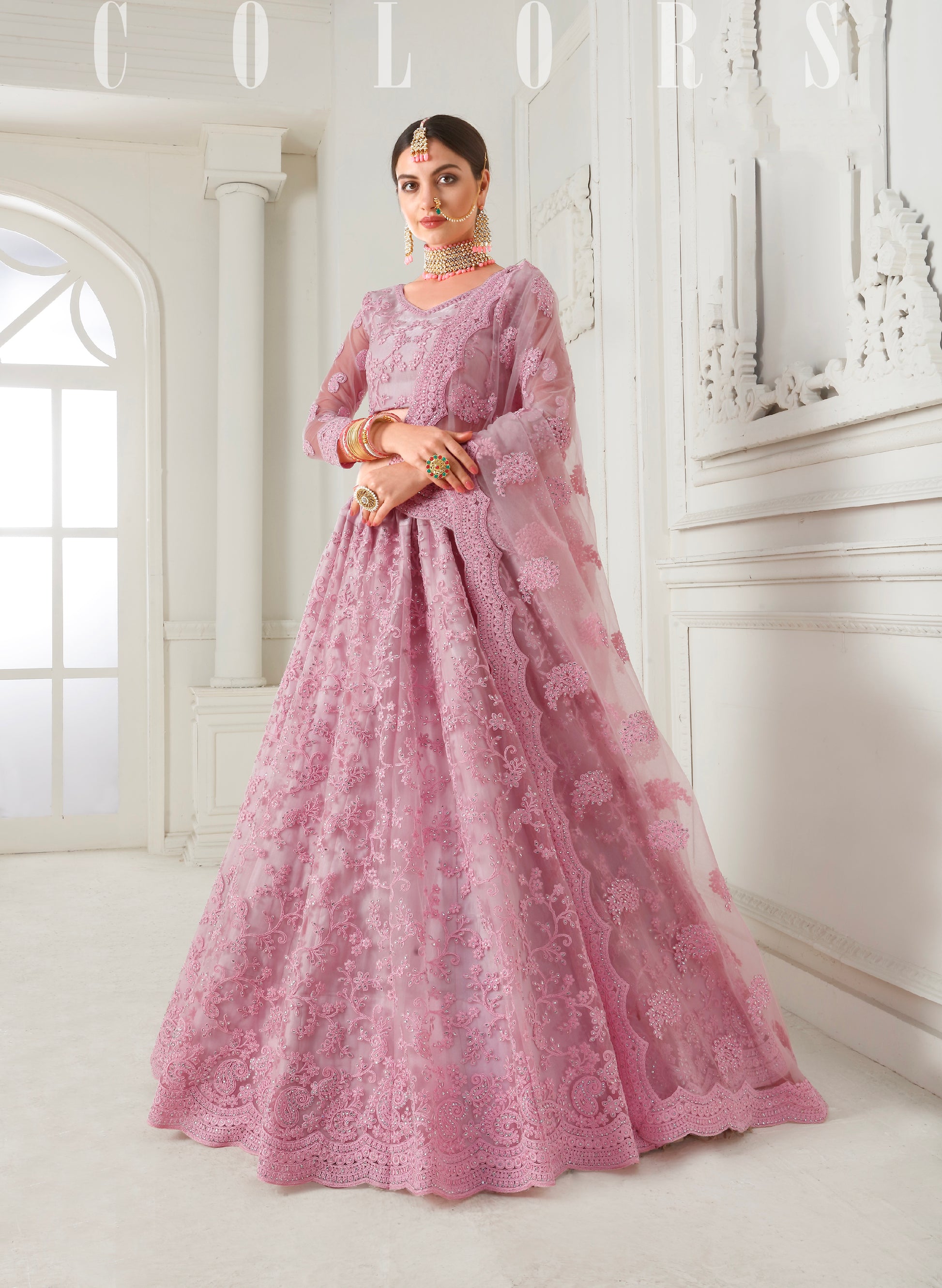 Dusty Pink Net Bridal Lehenga with Cording Embroidery & Stone Work