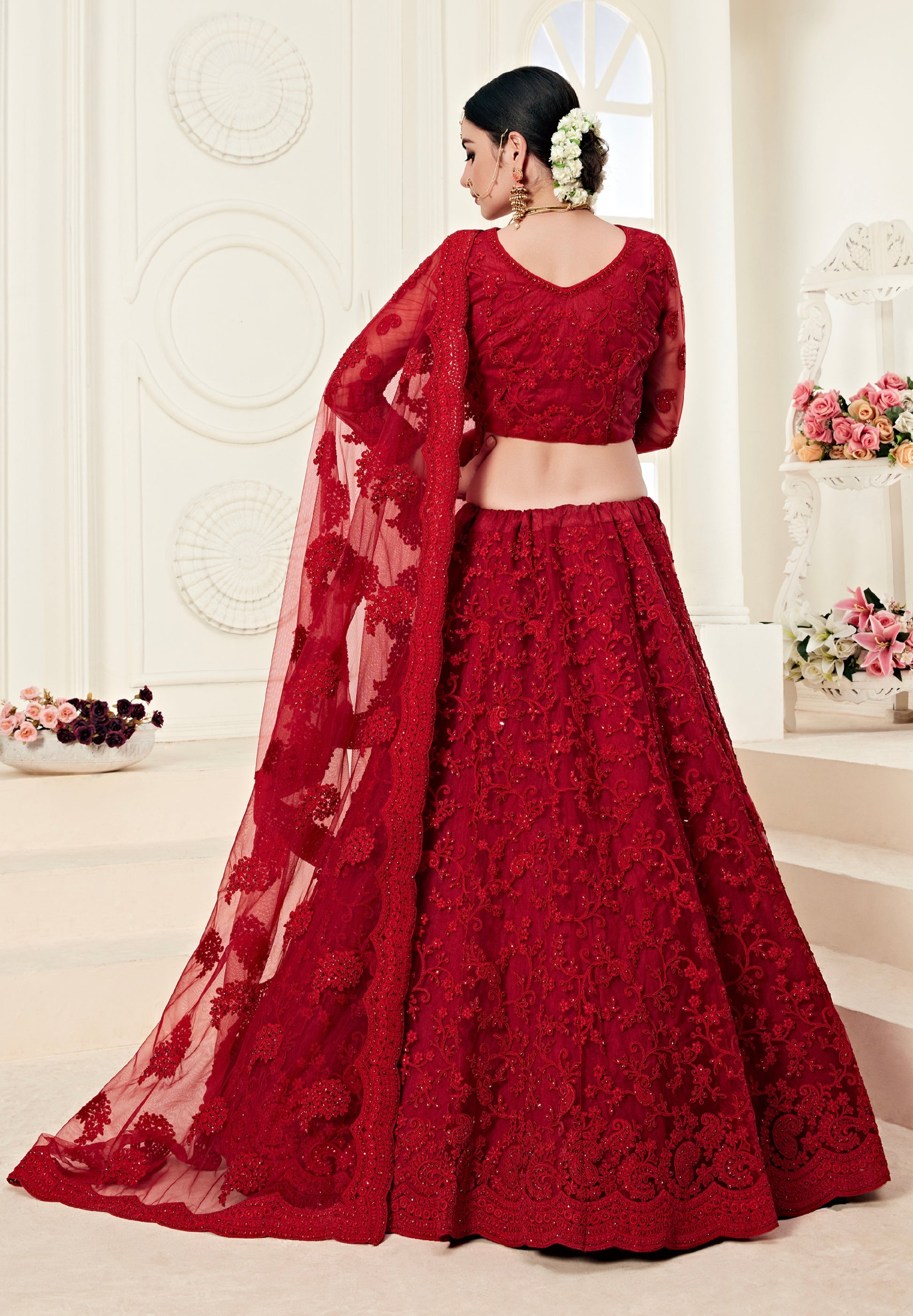 Red Net Bridal Lehenga with Heavy Cording and Stone Embroidery