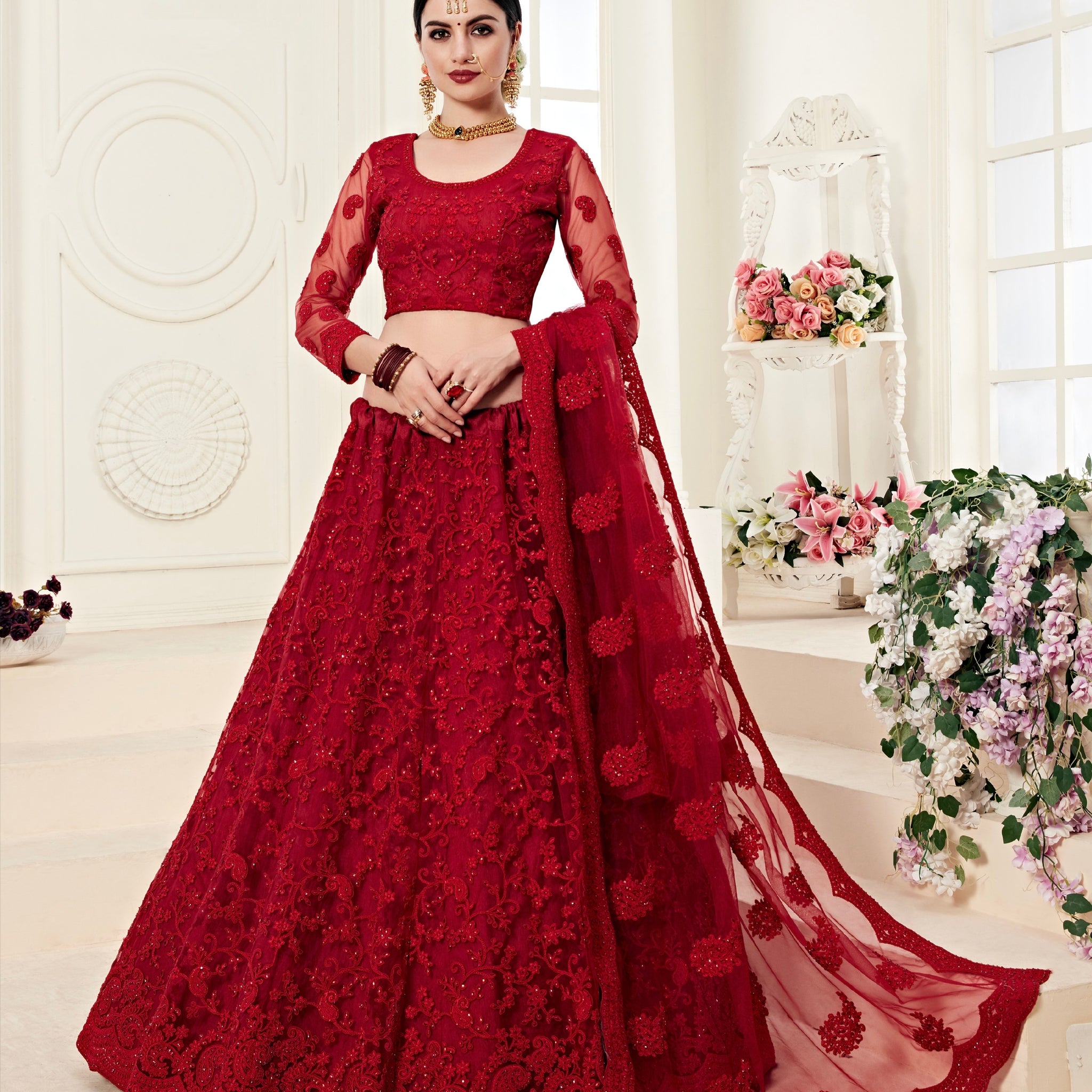 Red Net Bridal Lehenga with Heavy Cording and Stone Embroidery