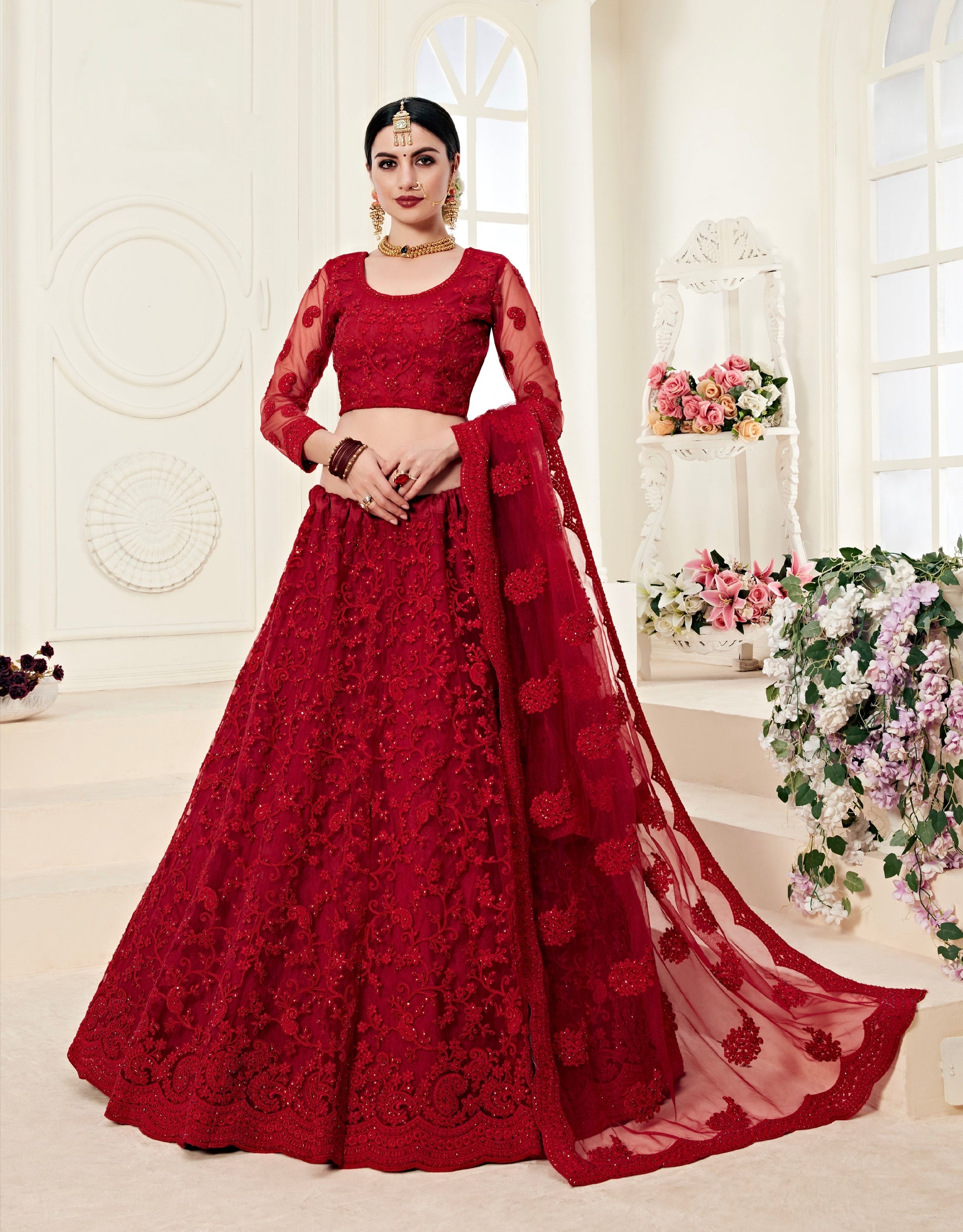 Red Net Bridal Lehenga with Heavy Cording and Stone Embroidery