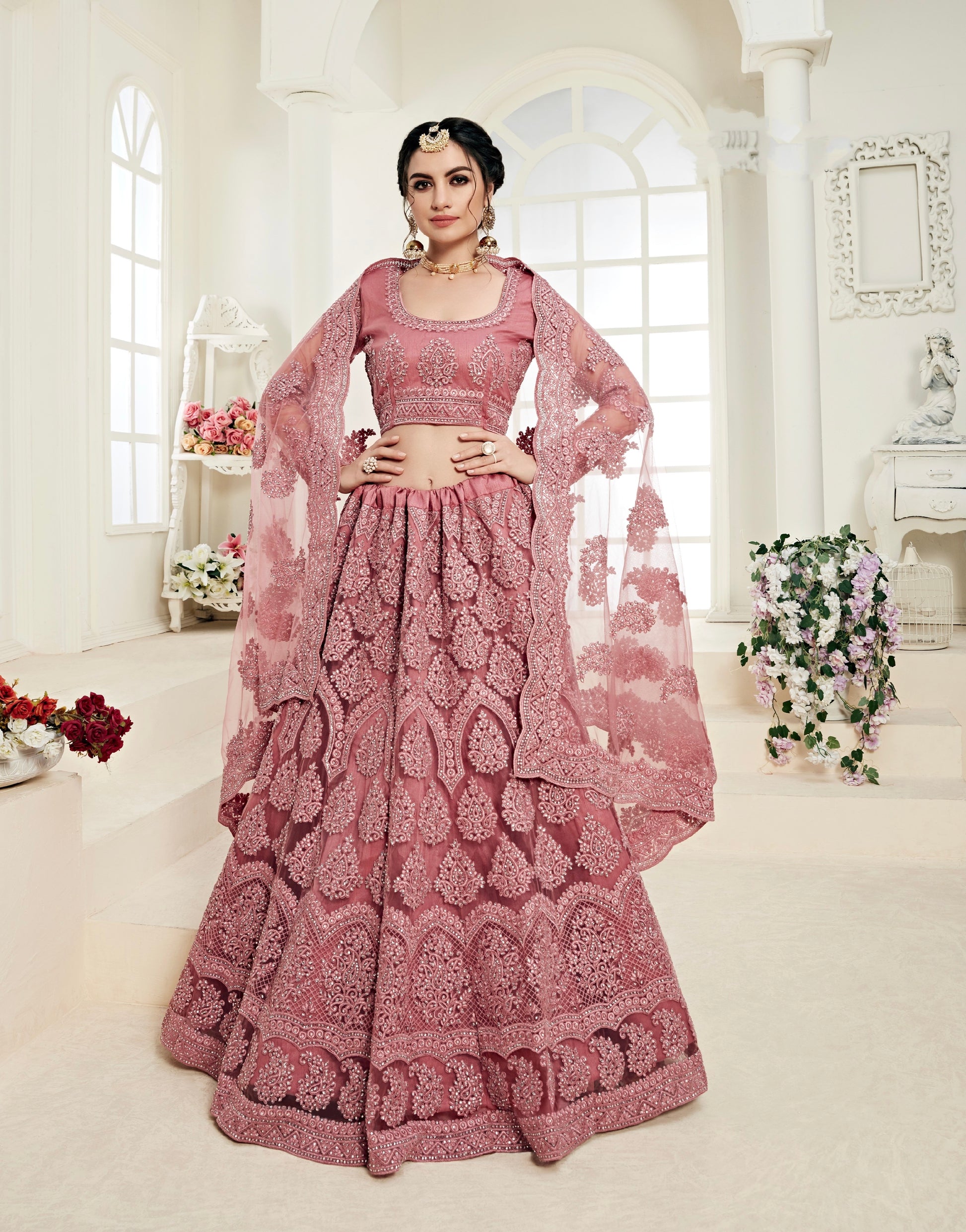 Rose Pink Bridal Lehenga with Thread Work and Stone Embellishments