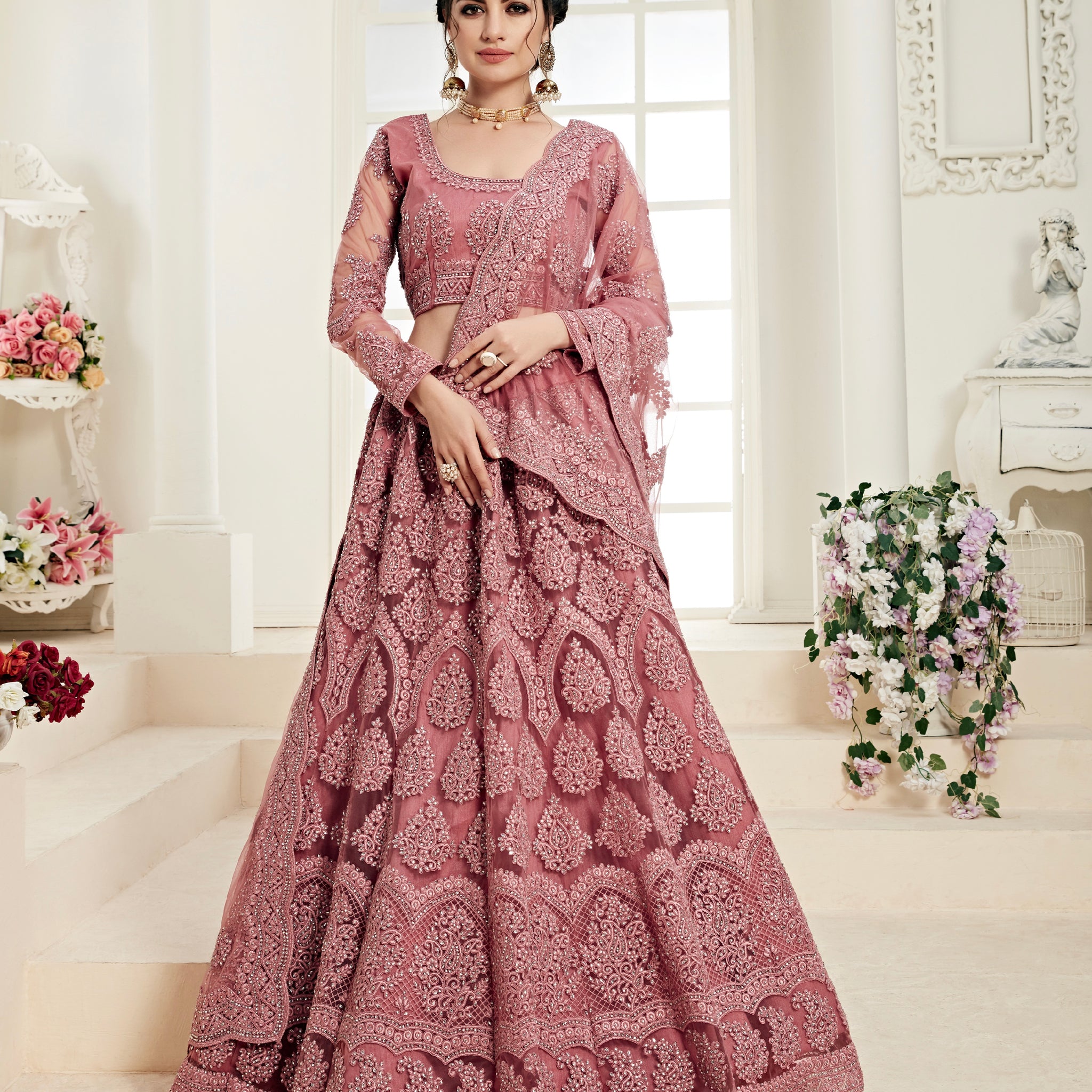 Rose Pink Bridal Lehenga with Thread Work and Stone Embellishments