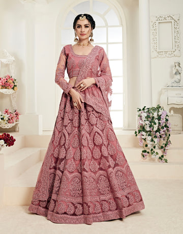 Rose Pink Bridal Lehenga with Thread Work and Stone Embellishments