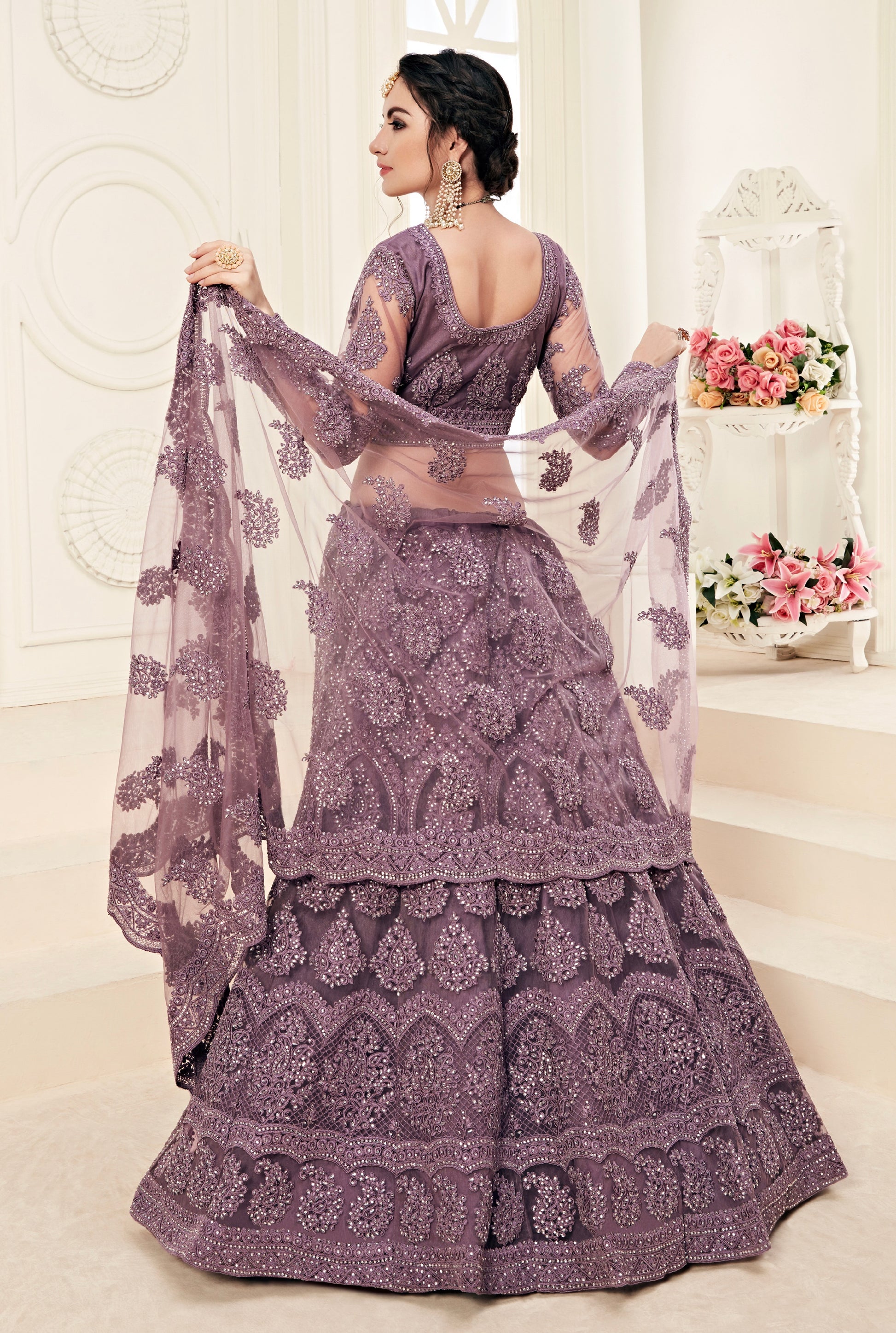 Violet Net Lehenga with Heavy Embroidery and Stone Work