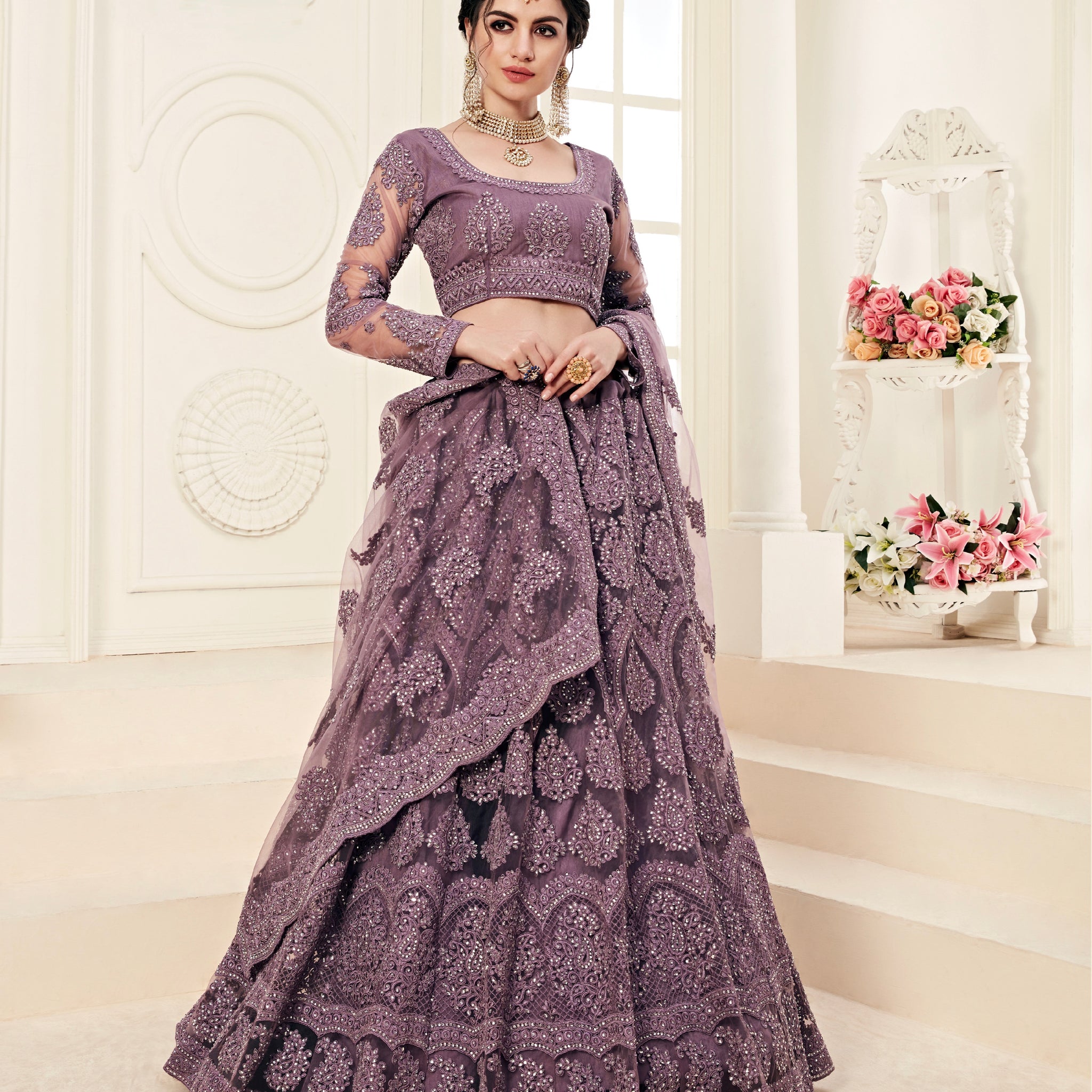 Violet Net Lehenga with Heavy Embroidery and Stone Work